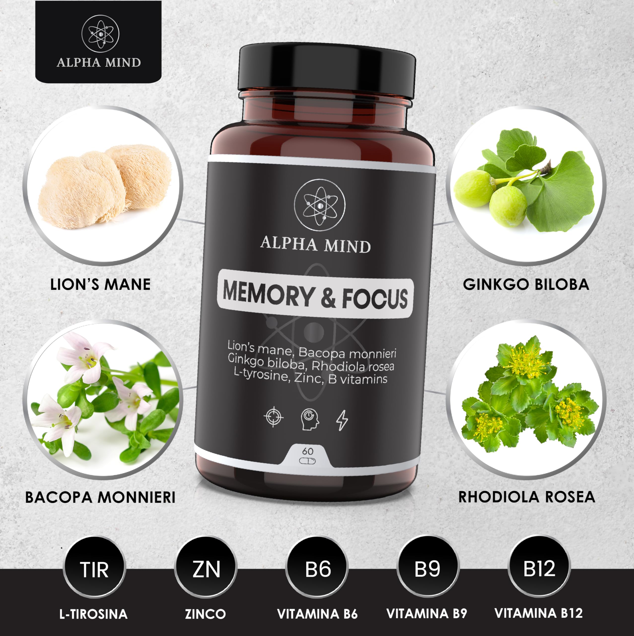 Nootropico Potente Naturale - Concentrazione, Memoria, Agilità Mentale - Con Lions mane, Ginkgo biloba, Bacopa Monnieri, Rhodiola Rosea, L Tirosina, Zinco, Vitamine B - Senza Caffeina