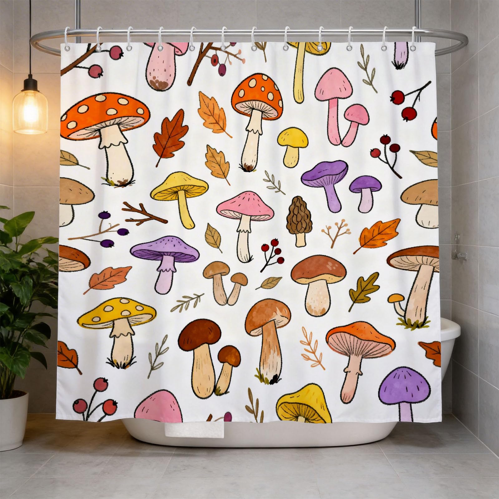 Hongduo 3D Autumn Illustration Shower Curtain for Stalls Bathtubs Watercolor Mushroom Bathroom Decor Shower Curtain Set Polyester Fabric Waterproof 180x200cm/71X79 Inch with Hooks