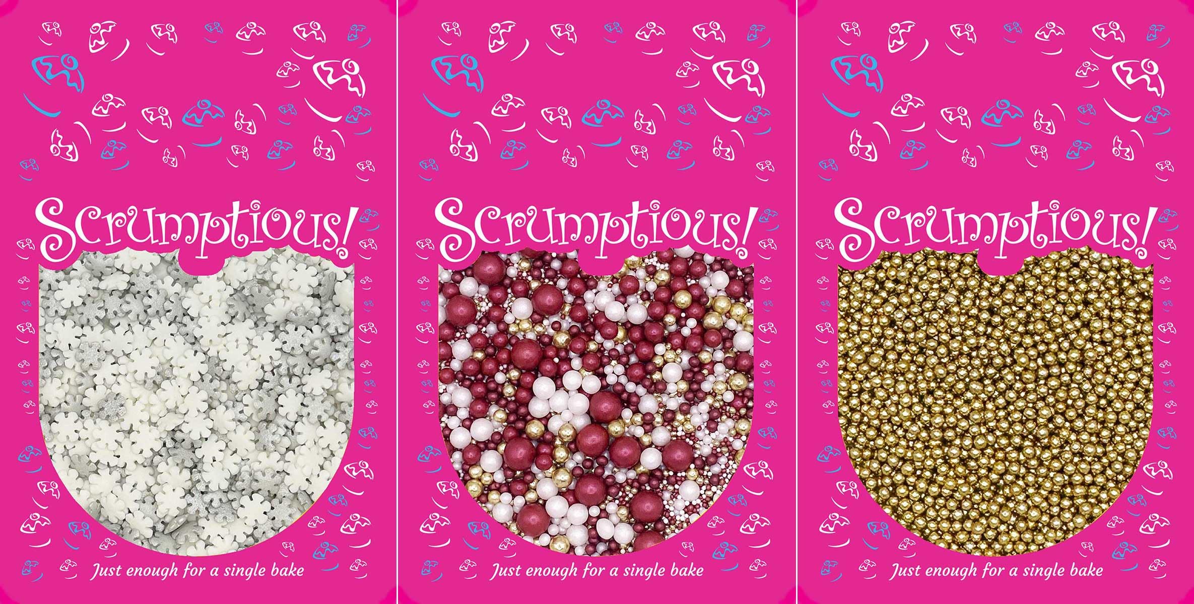 Scrumptious! - Bundle - Christmas Contemporary Edible Cake Topper Sprinkles Cupcake Decorations - 1x30g Pearls Mix - Mulled Wine, 1x25g Festive Snowflakes, 1x30g 4mm High Shine Gold Pearls