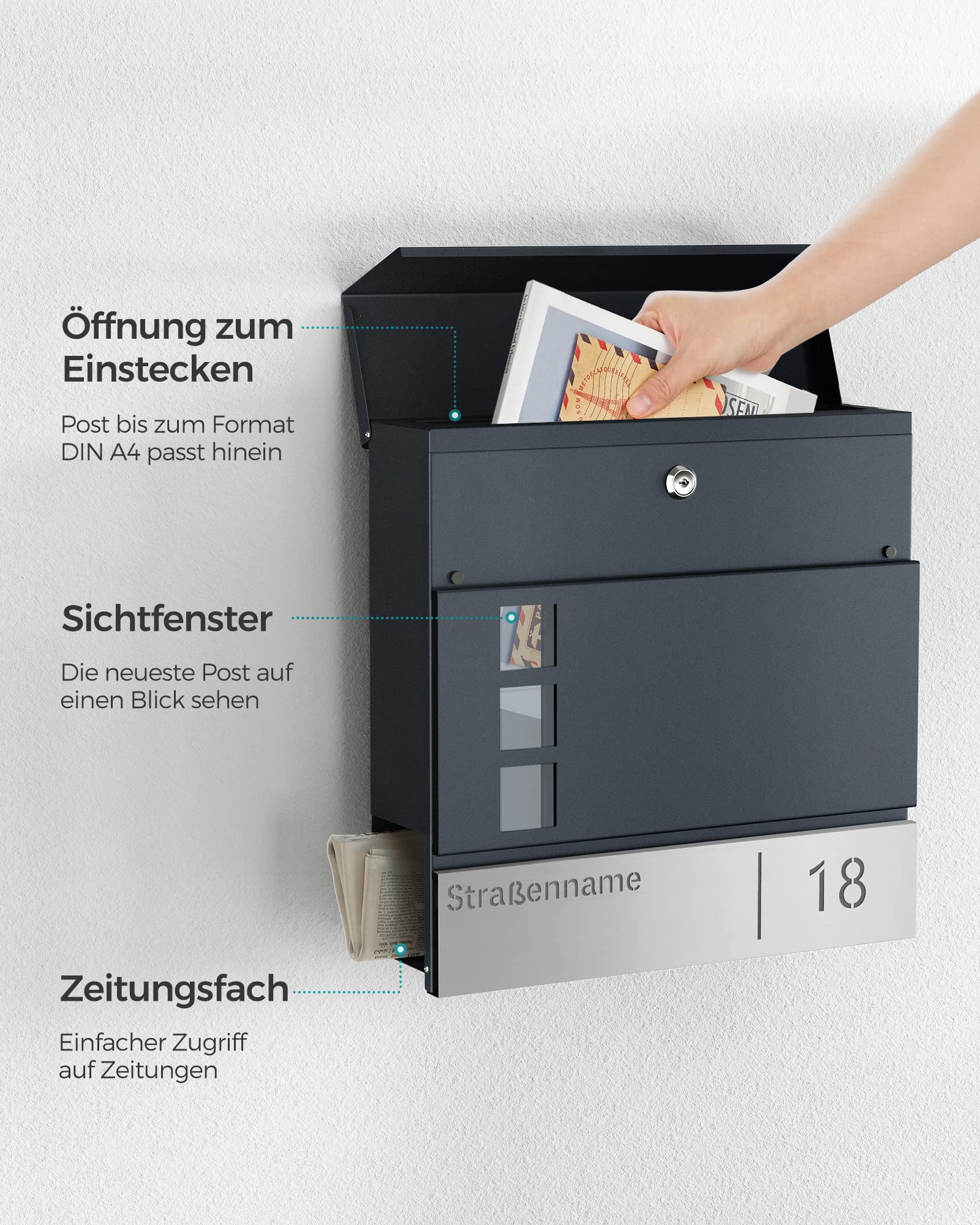 SONGMICS Briefkasten personalisiert, lasergraviertes Namensschild und Hausnummernschild, Postkasten, Zeitungsfach, V-förmiges Sichtfenster, Schloss, modern, anthrazit-silbern GMB081G01