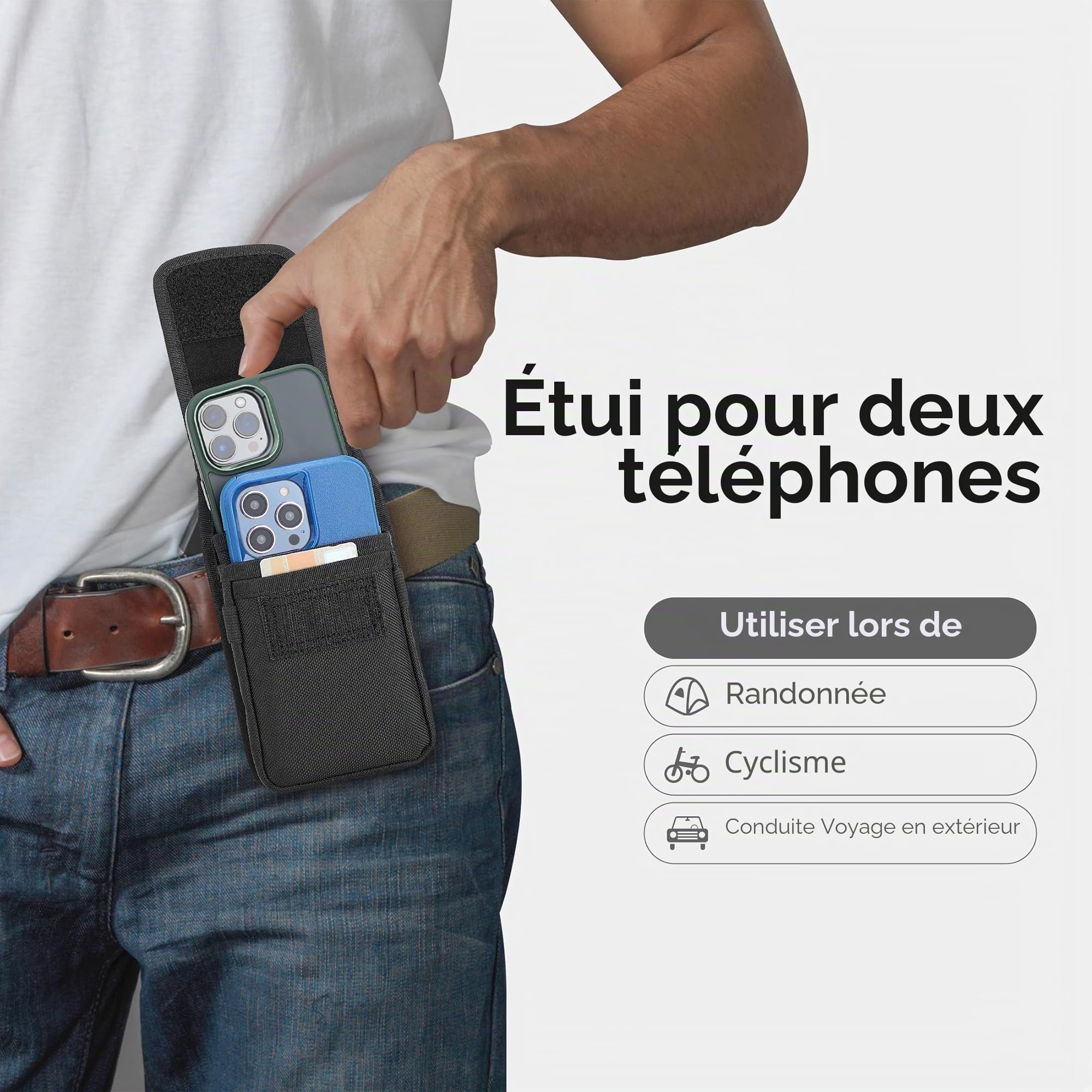 Gcepls Étui de téléphone portable double pour homme, grand sac banane en nylon pour 2 smartphones, avec passant de ceinture, pour iPhone (16, 15, 14, 13, 12, 11) Pro Max/Plus, Samsung Galaxy (S24,