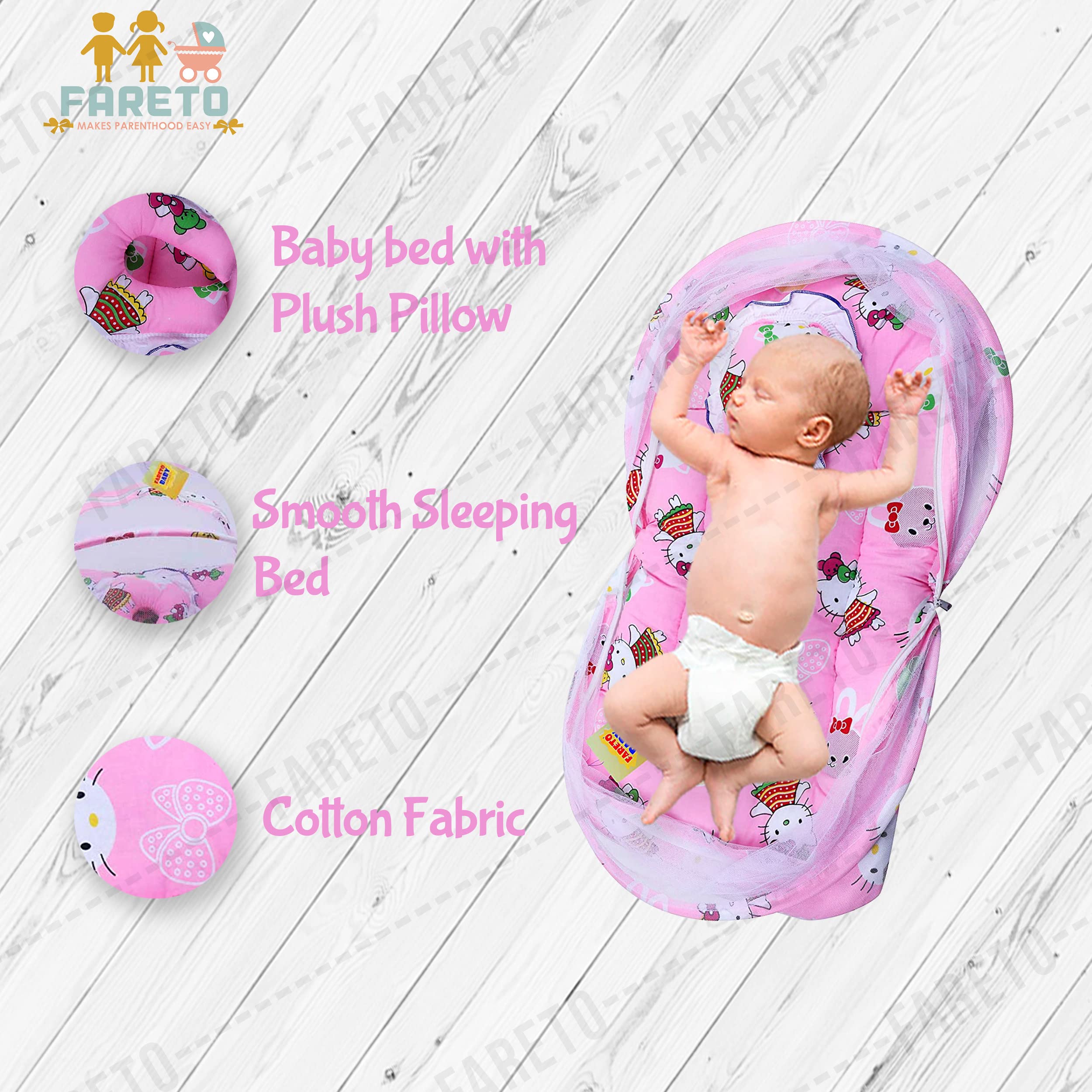 Fareto Born Baby Combo of 1 Mosquito Net Bed and 4 Plastic Changing Diapers Mat/Massage Mat/Protection Mat(0-6 Months)(Pink Teddy) - Image 3 thumbnail