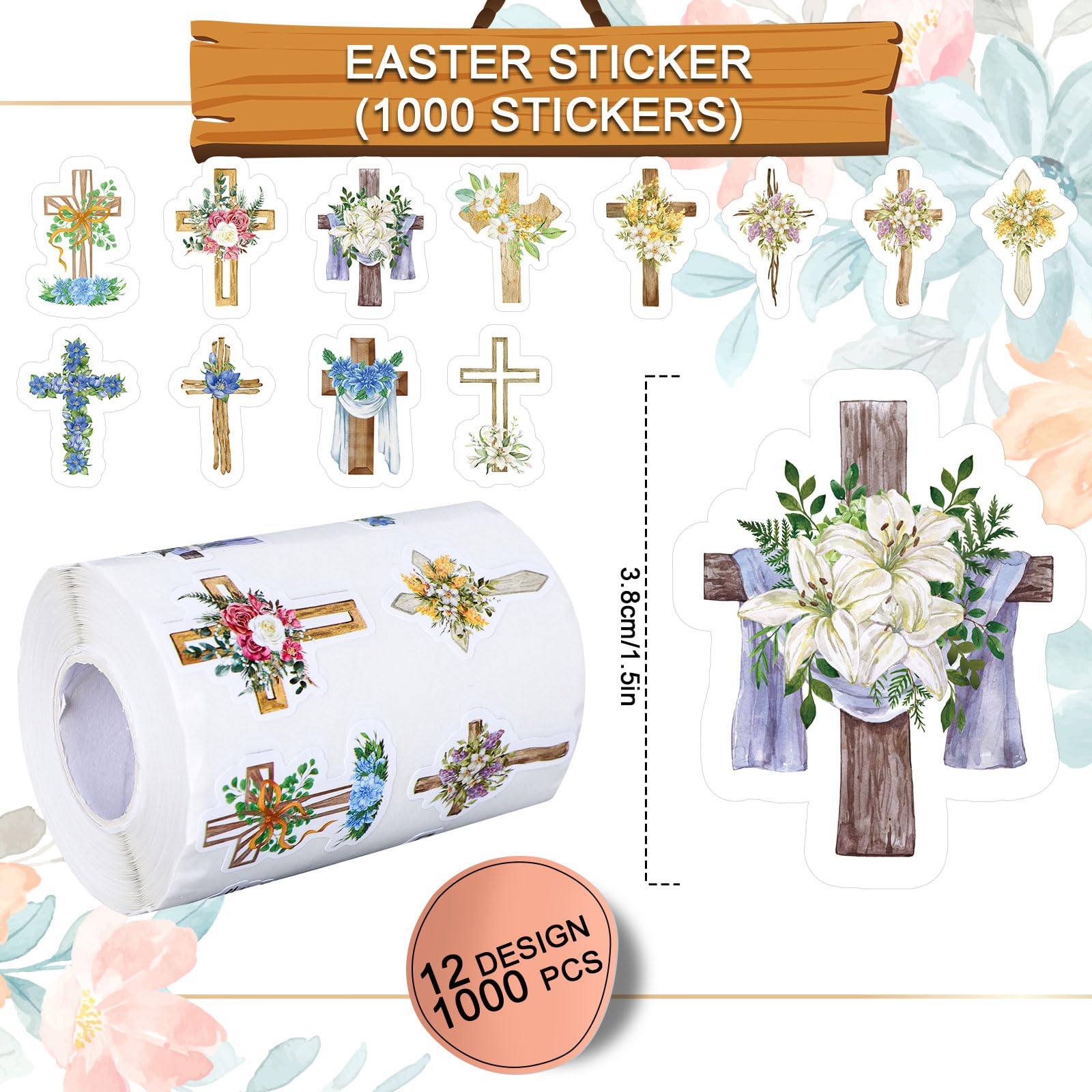 Whaline 1000Pcs Easter Stickers Christian He is Risen Sticker Bunny Egg Floral Round Decals Watercolor Rabbit Flower Self-Adhesive Label for Spring Easter Party Favors, 1.5 Inch, 6 Design