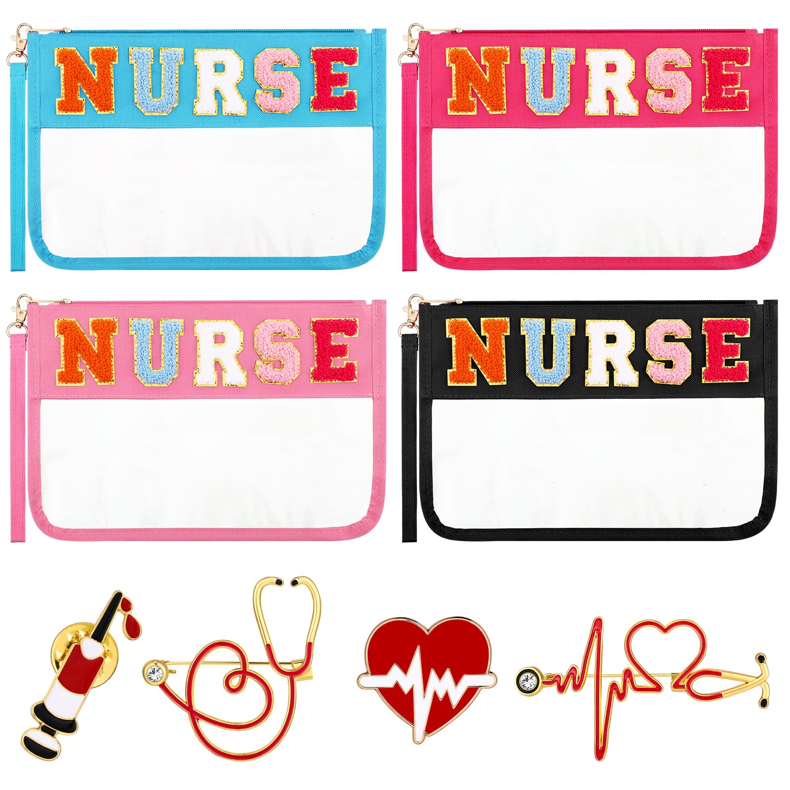 Shinylin 4 Pcs Nurses Bags Appreciation Gifts Chenille Letter Makeup Bags with 4 Pins Preppy Clear Nursing Travel Pouch Cosmetic Waterproof Zipper