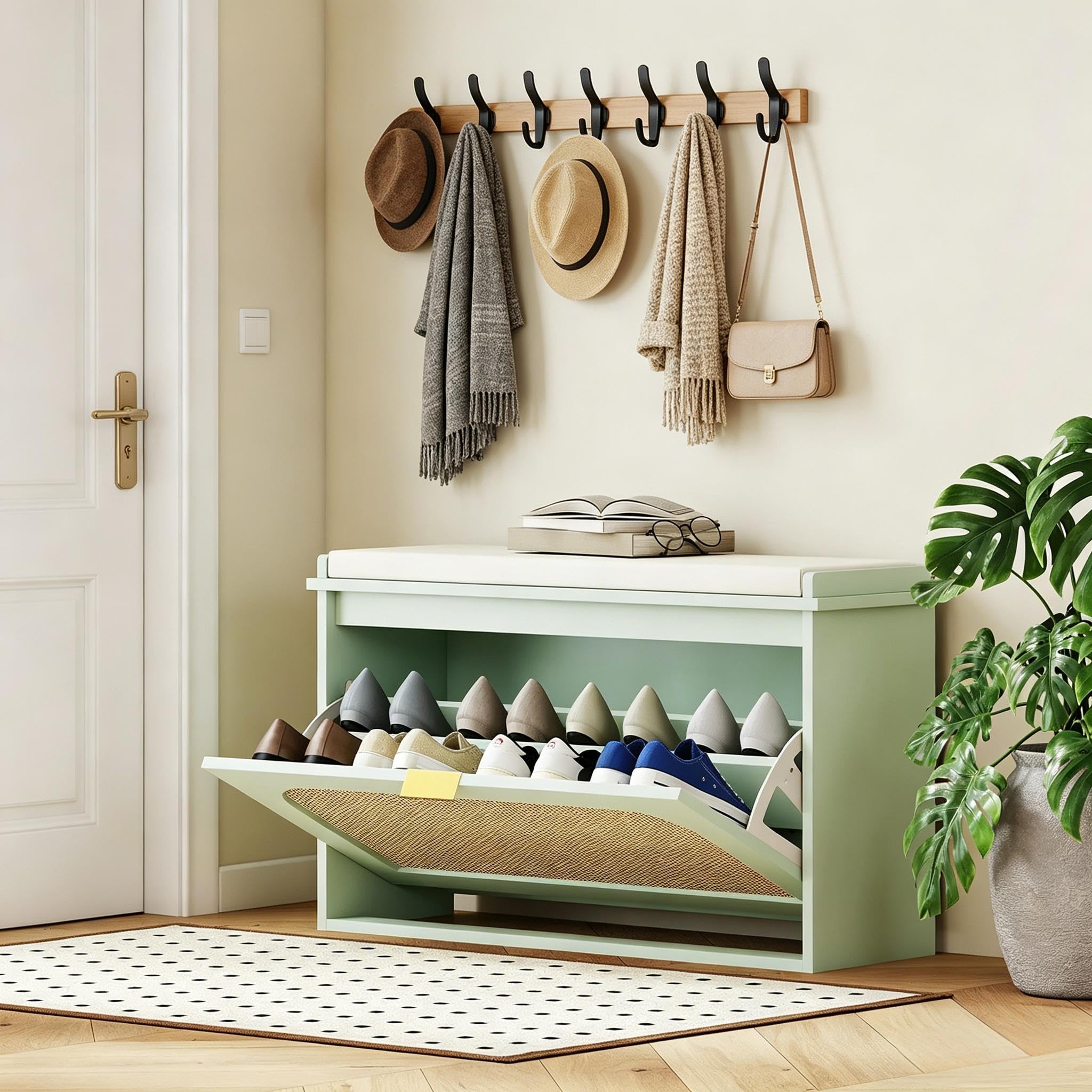 Zapatero de 80 cm, acolchado y compartimento plegable, verde, estrecho, estable, moderno