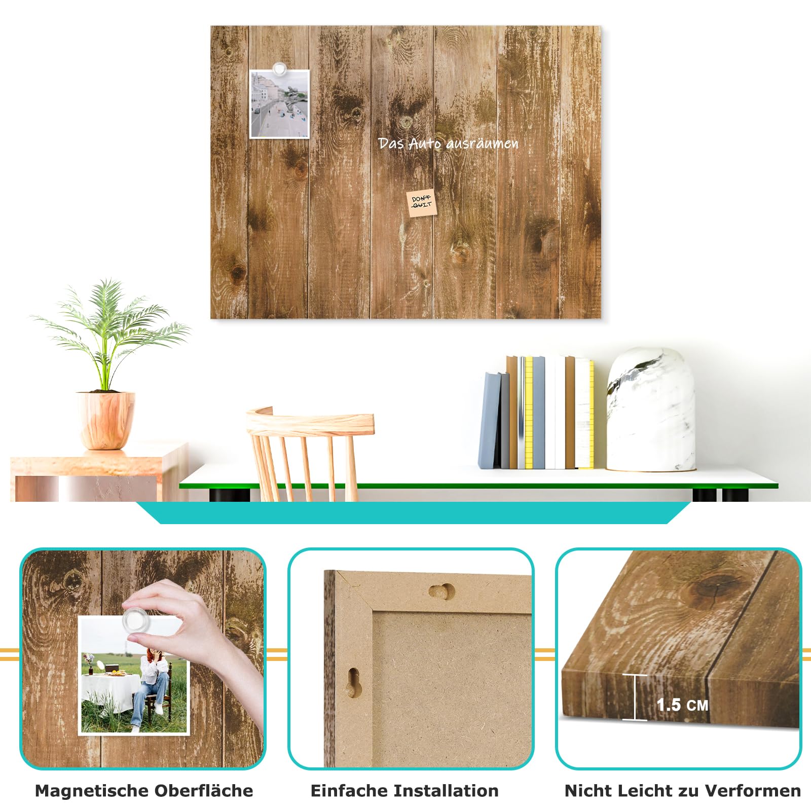 DOLLAR BOSS Pizarra blanca magnética, 45 x 60 cm, Magnettafel para la pared, pizarra magnética para imprimir, Memoboard con imanes, 2 bolígrafos, tableros de madera marrones
