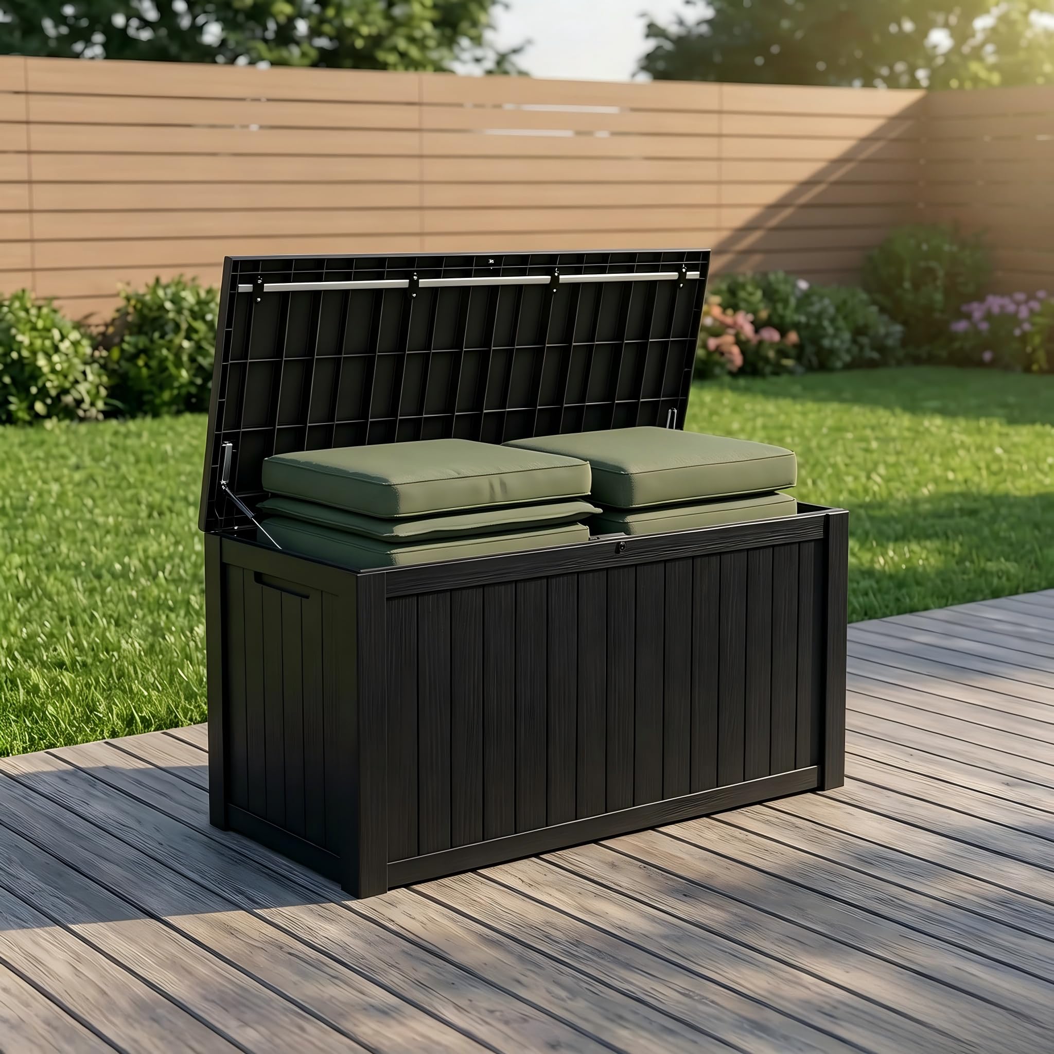 185 Gallon Deck Box Outdoor Storage, Weatherproof Resin Patio Container for Cushions Garden Tools Pool Accessories, Lockable Lid with Handles, Bench Seat for Yard Patio Garage
