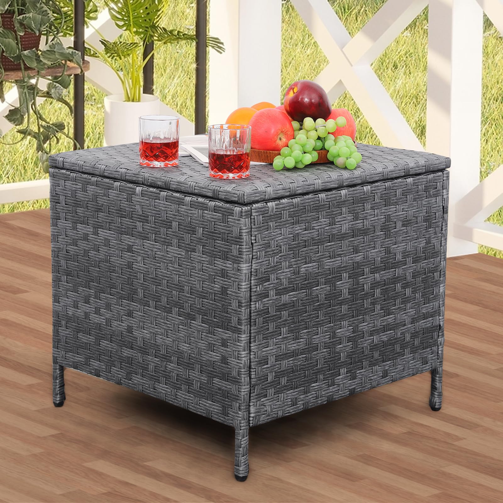 Outdoor Wicker Storage Side Table, Patio Grey PE Rattan End Table with Storage, Square Container for Furniture Covers, Toys, and Gardening Tools