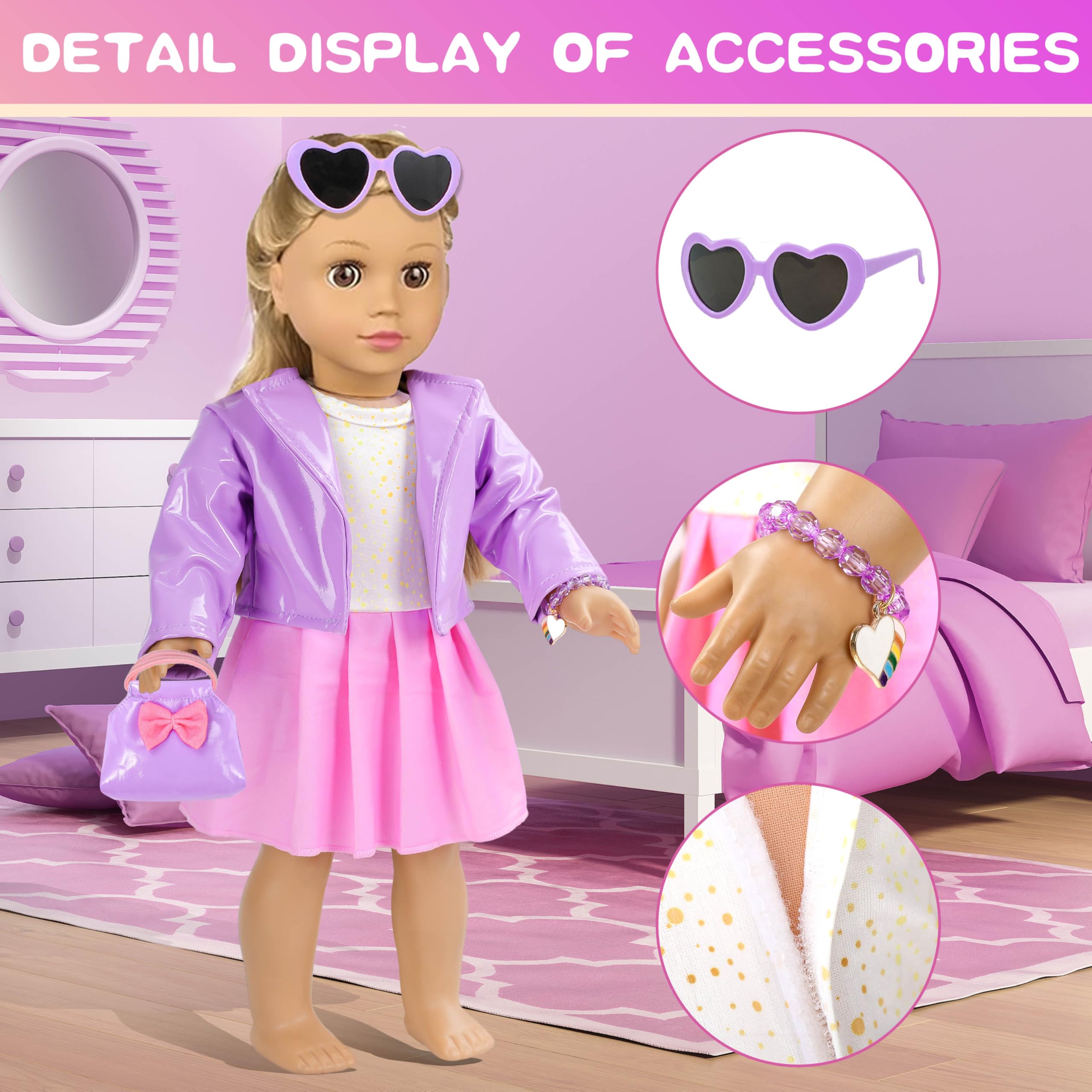 American - Estuche de accesorios para muñecas de 18 pulgadas, juego de maquillaje de viaje con ropa, bolsa de mano, gafas de sol, sombra de ojos, lápiz labial, horquilla, pulseras, cepillo de pestañas