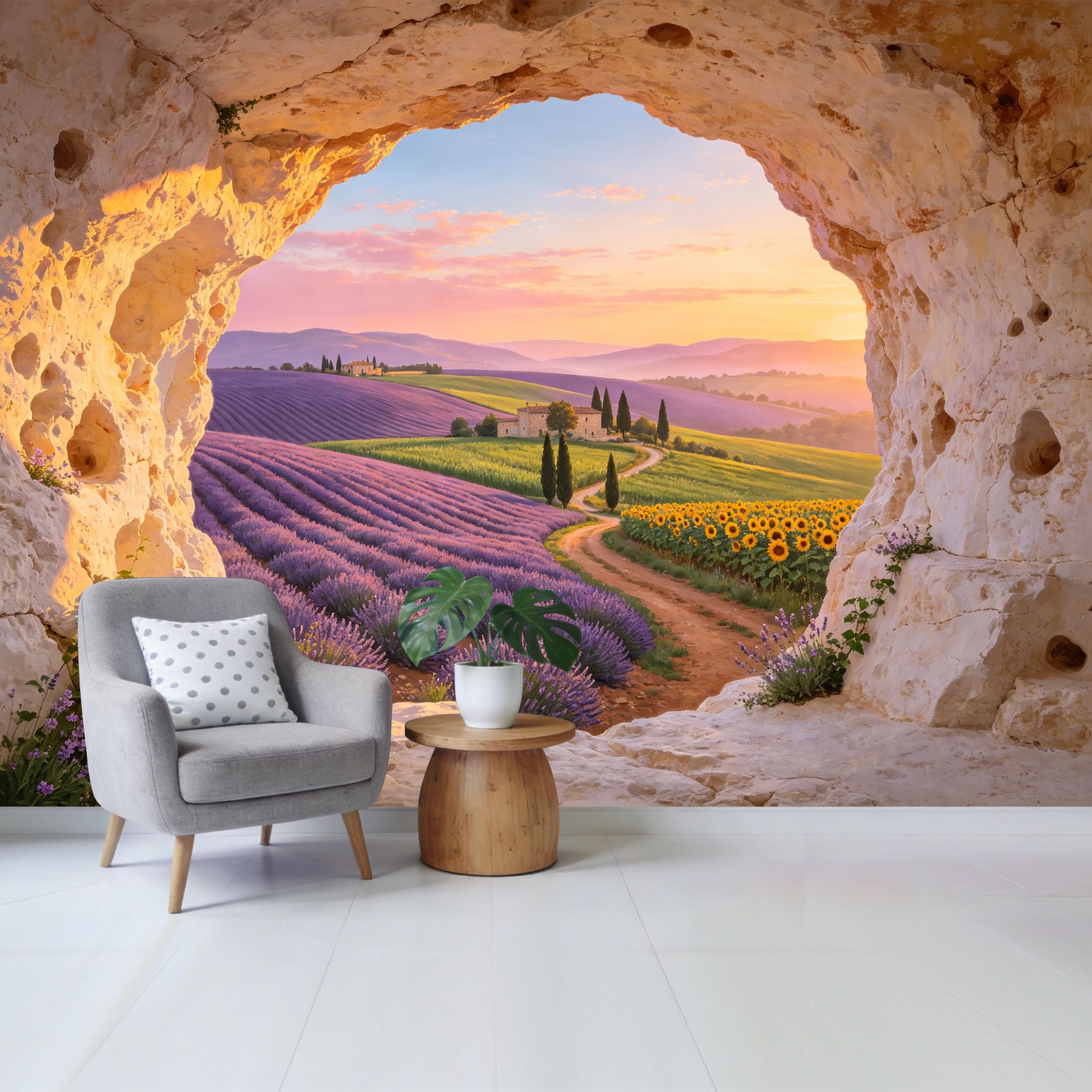 Custom Size Wall Mural Lavender Field Landscape Through Stone Cave View Sunset Countryside Path Removable Self Adhesive Fabric Home Wall Decor for Living Room Bedroom Bathroom