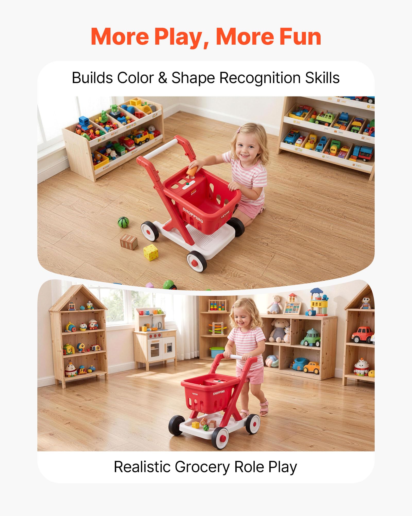 VEVOR Carrello della Spesa Giocattolo per Bambini, Carrello Supermercato Giocattolo, Scan e Sort con Alimenti Finti, Luci e Suoni, Altezza Regolabile, Gioco di Ruolo Supermercato per Bambini da 2 Anni