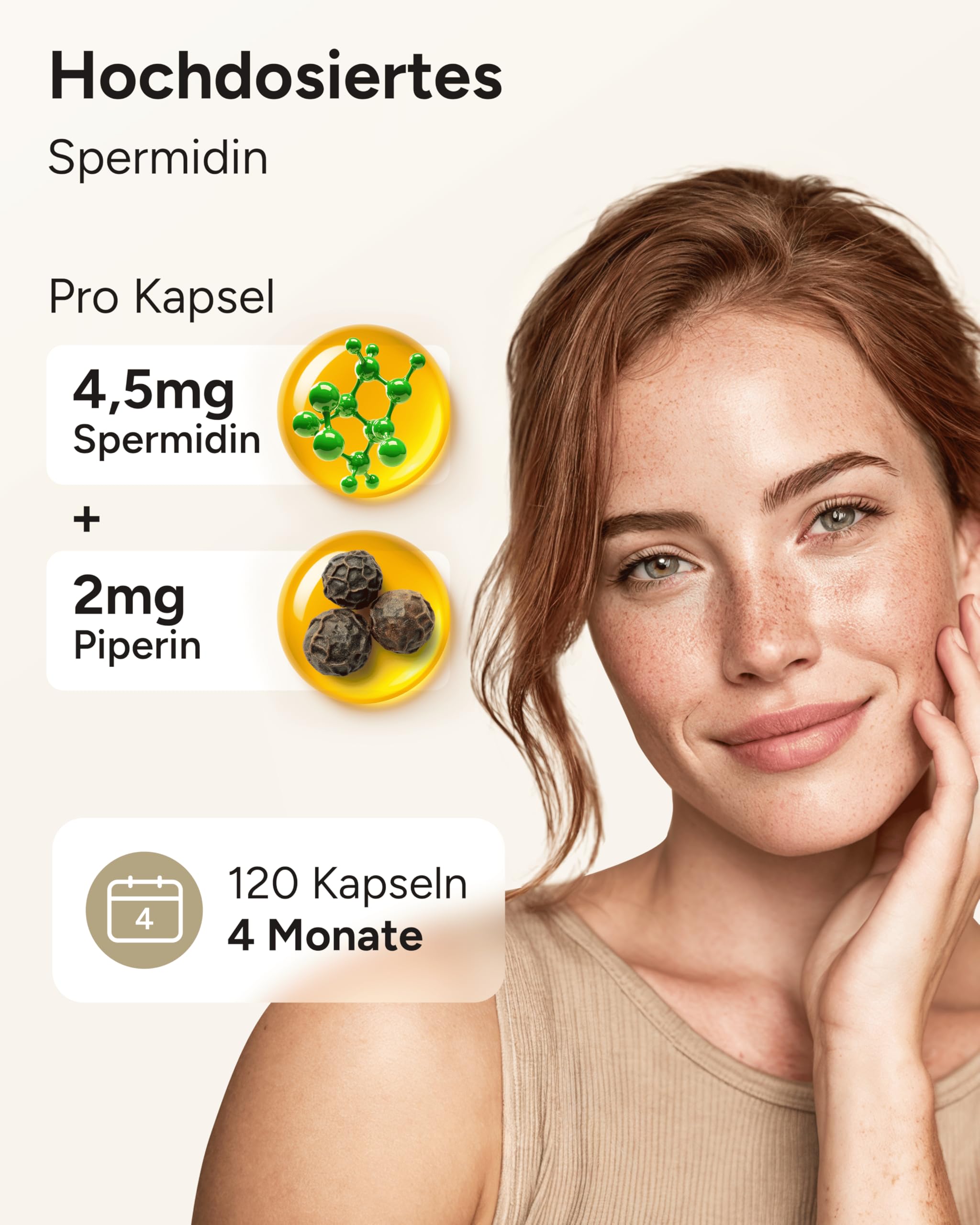 Spermidin Kapseln hochdosiert - 4,5mg Spermidine pro Kapsel - Gehalt durch externes Labor bestätigt - 4 Monatsvorrat - 120 Spermidin PLUS Kapseln