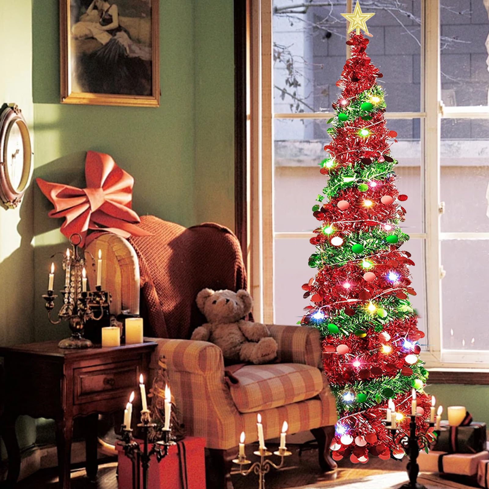 Albero di Natale Pieghevole Pop Up, Albero di Natale Artificiale a Paillettes 150cm con 50 Luci a LED, Alimentazione USB, Paillettes Scintillanti, Decorazione Natalizia per Interni ed Esterni, Casa