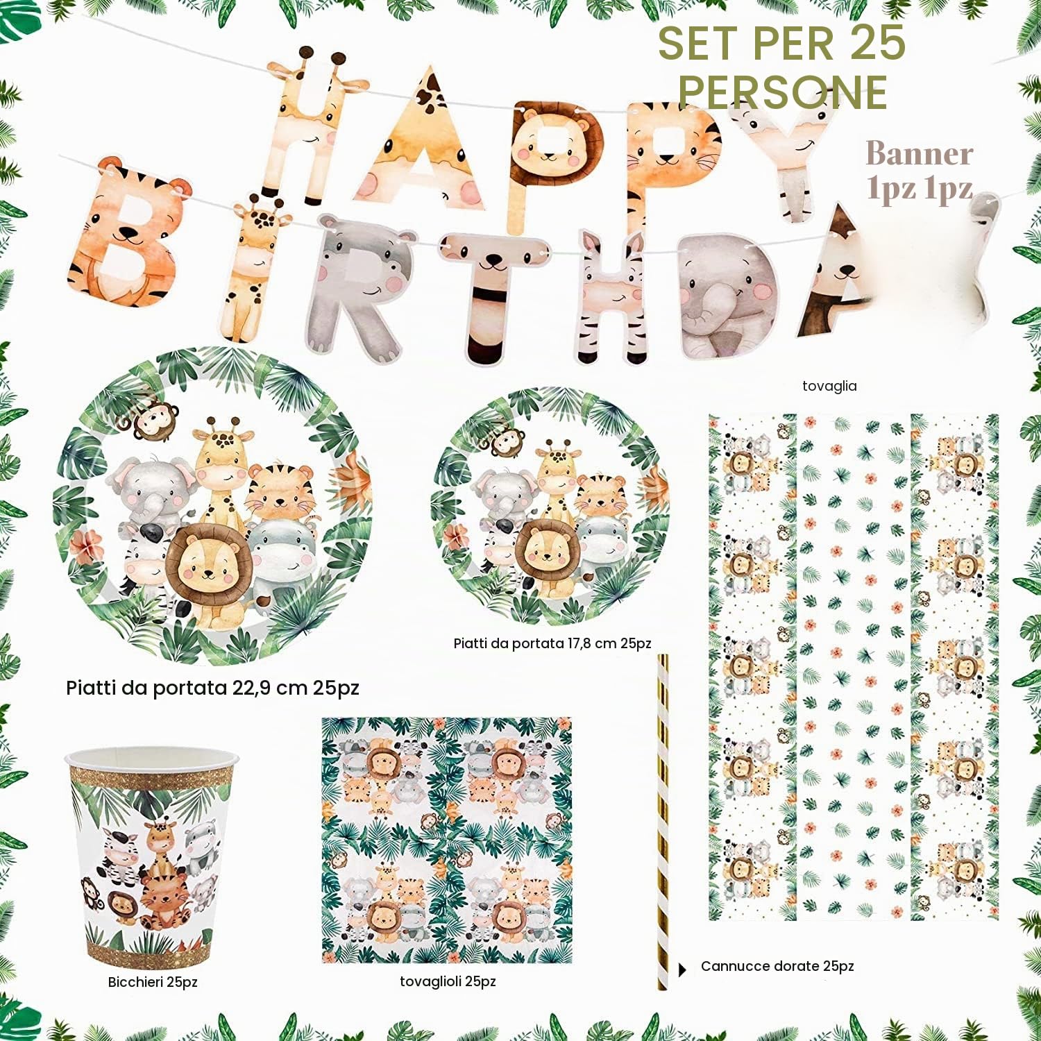 Yosemy Giungla Safari Set di Stoviglie di Carta Usa e Getta per 25 Ospiti - 127 Pezzi Con Piatti, Tovaglioli, Cannucce per Wild One Decorazione di Compleanno Verde