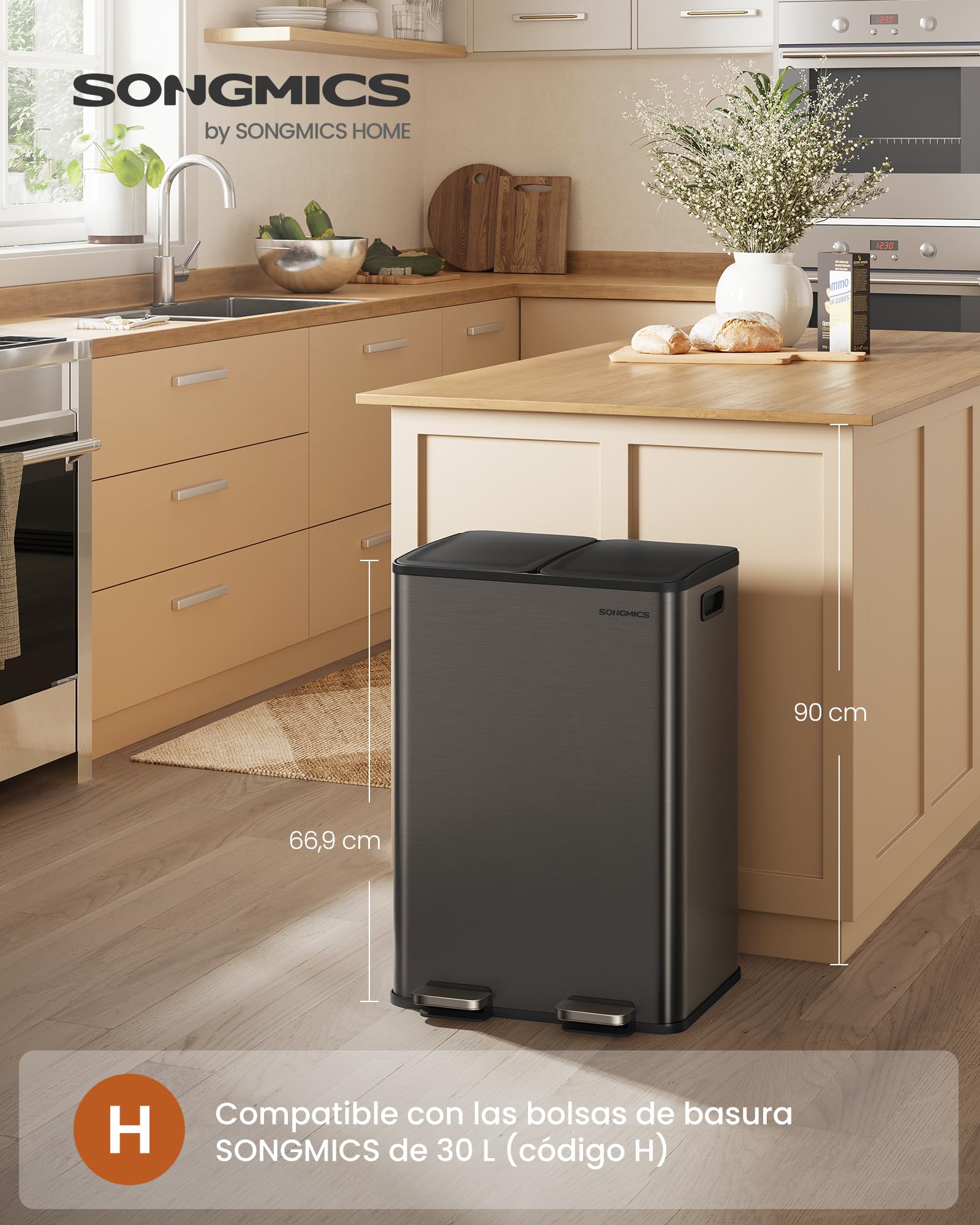 SONGMICS Cubo de Basura de Cocina, 2 x 30 L, 2 Compartimentos, Papelera de Pedal, con Tapa de Cierre Suave y Cubo Interior, Acero Inoxidable, Incluye 15 Bolsas de Basura, Gris Pizarra LTB741G01