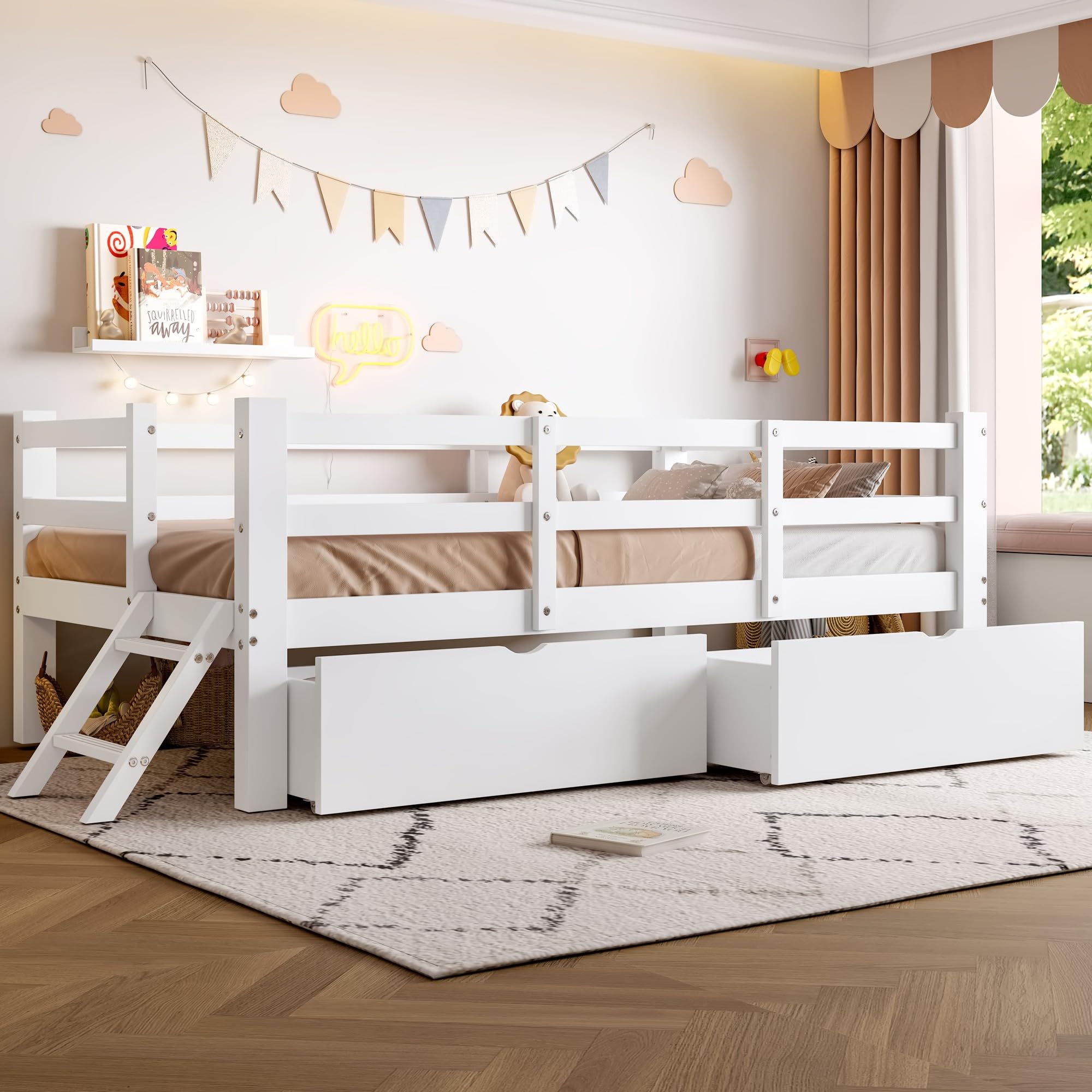 Łóżko platformowe 90 x 200 cm z poręczą ochronną i 2 szufladami, białe, MDF i sosna, dla dzieci