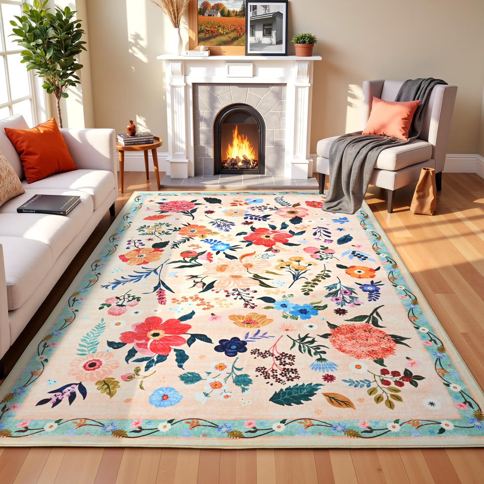 Terrug Floral Large Area Rug, 5x7 Multicolor, Rustic, Tufted, Faux Cashmere, Low Pile, Non Slip, Stain Resistant, Washable, Indoor, Bedroom, Living