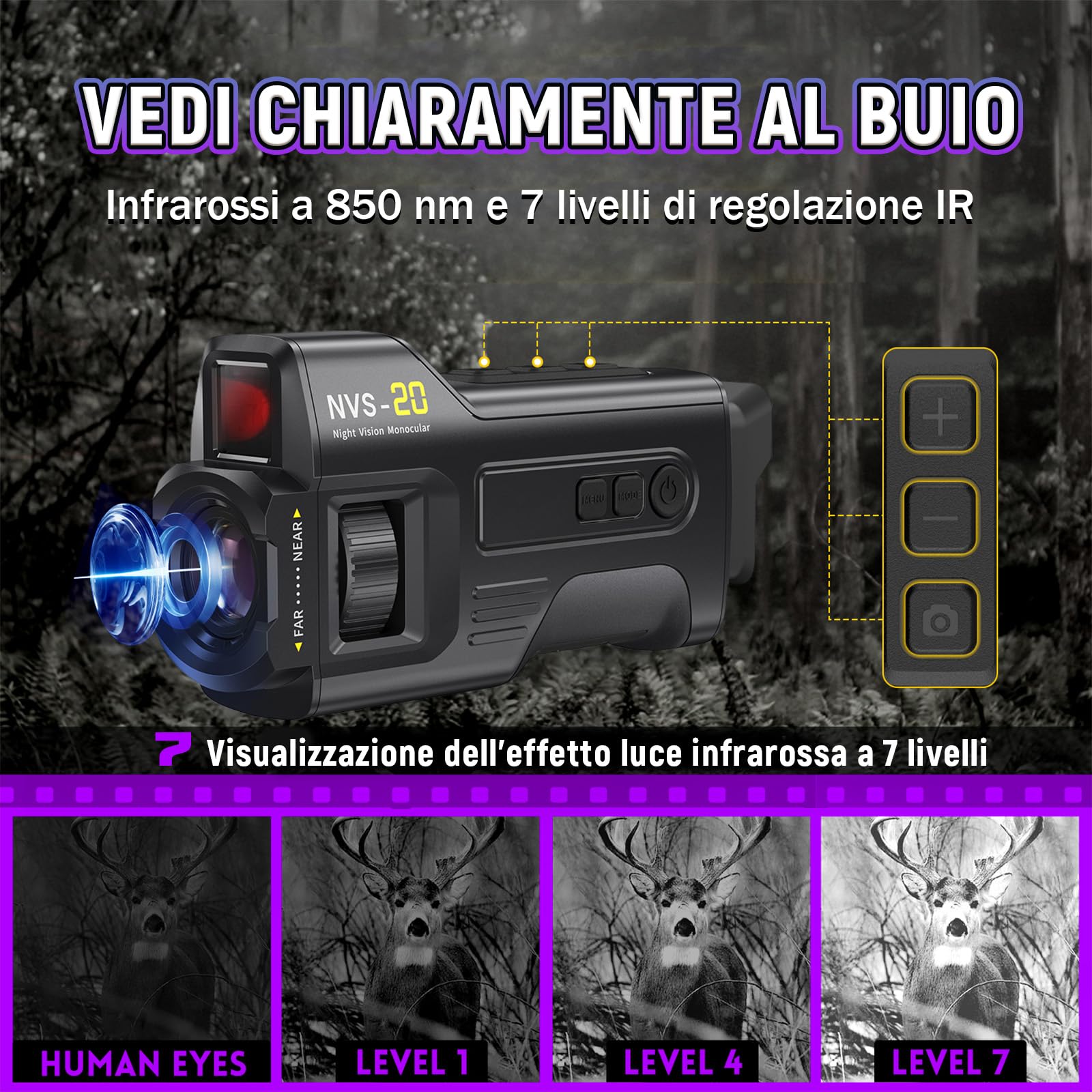 NVS-20 4K 36MP Monocolo Visione Notturna per Adulti, Zoom Digitale 6X Monocolo Professionale con 7 Livelli IR 850nm, Batteria 18650 Rimovibile, Scheda TF da 32GB, Caccia, Birdwatching, Campeggio