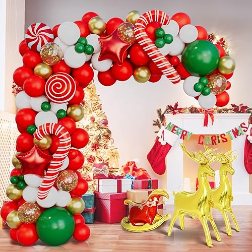 Miniatura 5 de Bonropin Kit de arco de guirnalda de globos de Navidad con globos de trineo con lentejuelas rojas, doradas, blancas, verdes, doradas, estrellas,