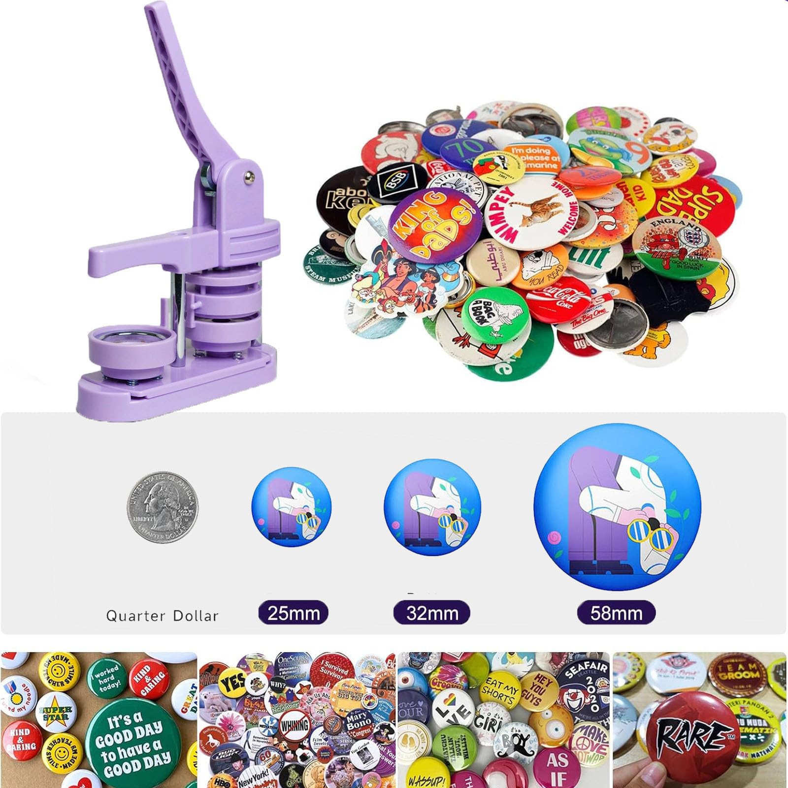 Buttonmaschine 58 mm – Manuelle Buttonpresse Set ohne Montage, inkl. 100 Zubehör & Kreisschneider, DIY Abzeichenmaschine für Basteln, Partys & Geschenke