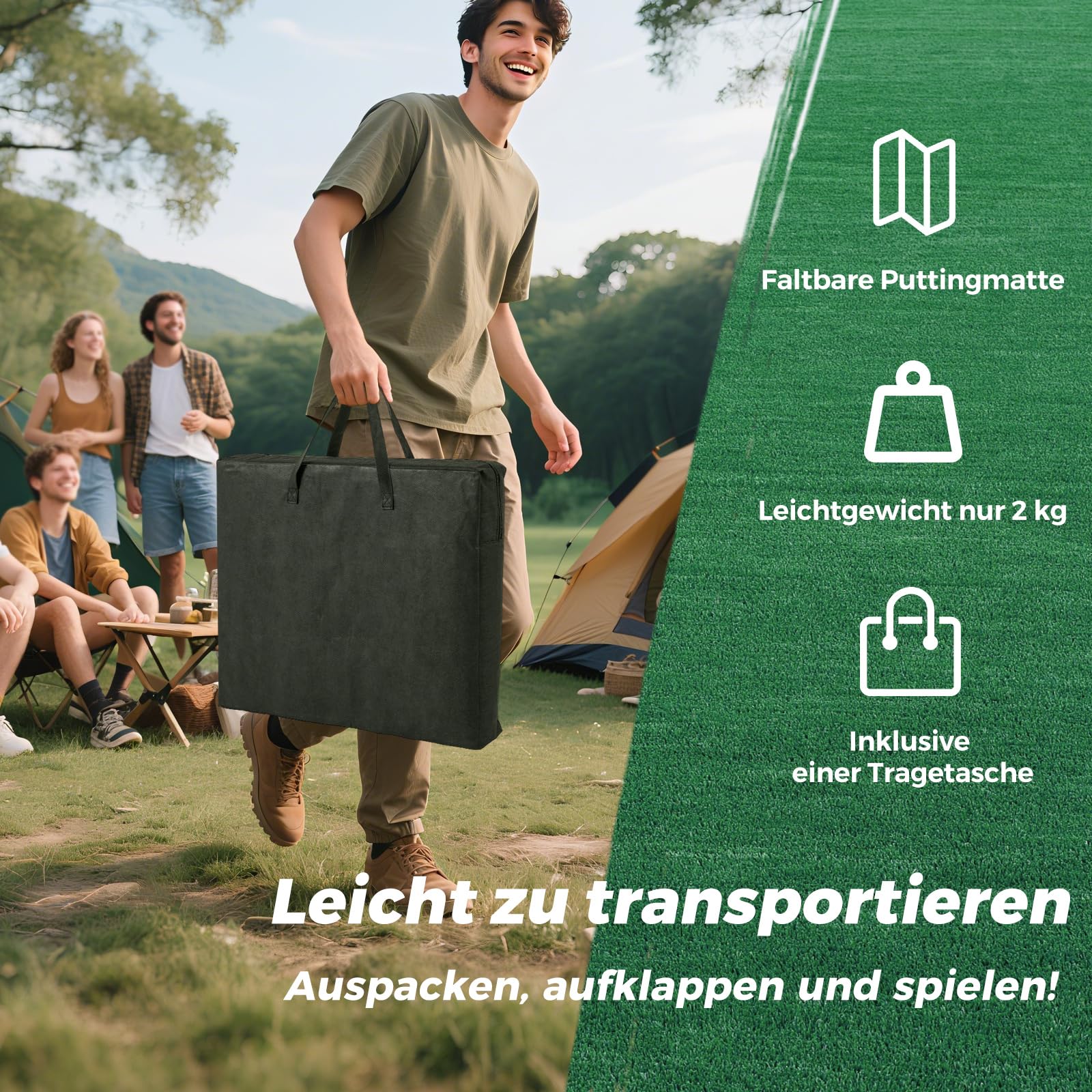 COSTWAY 332 x 50 cm Golf Pong Puttingmatte, Putting Green mit 2 verstellbaren Puttern, 6 Bällen & 12 Lochabdeckungen, tragbare Golfmatte Indoor & Outdoor, Trainingsmatte für Party, Garten