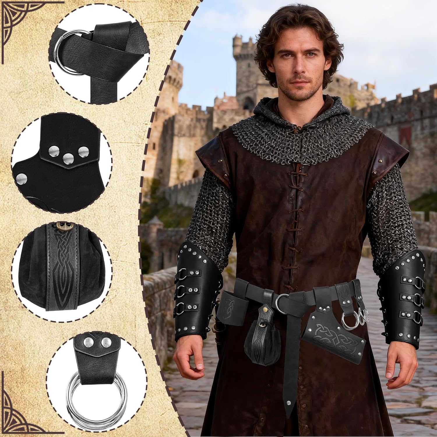 7 PCs Renaissance Medieval Belt Set - Viking Costume Accessories with Leather Bracers Sword Frog Skirt Hike for LARP - Image 2