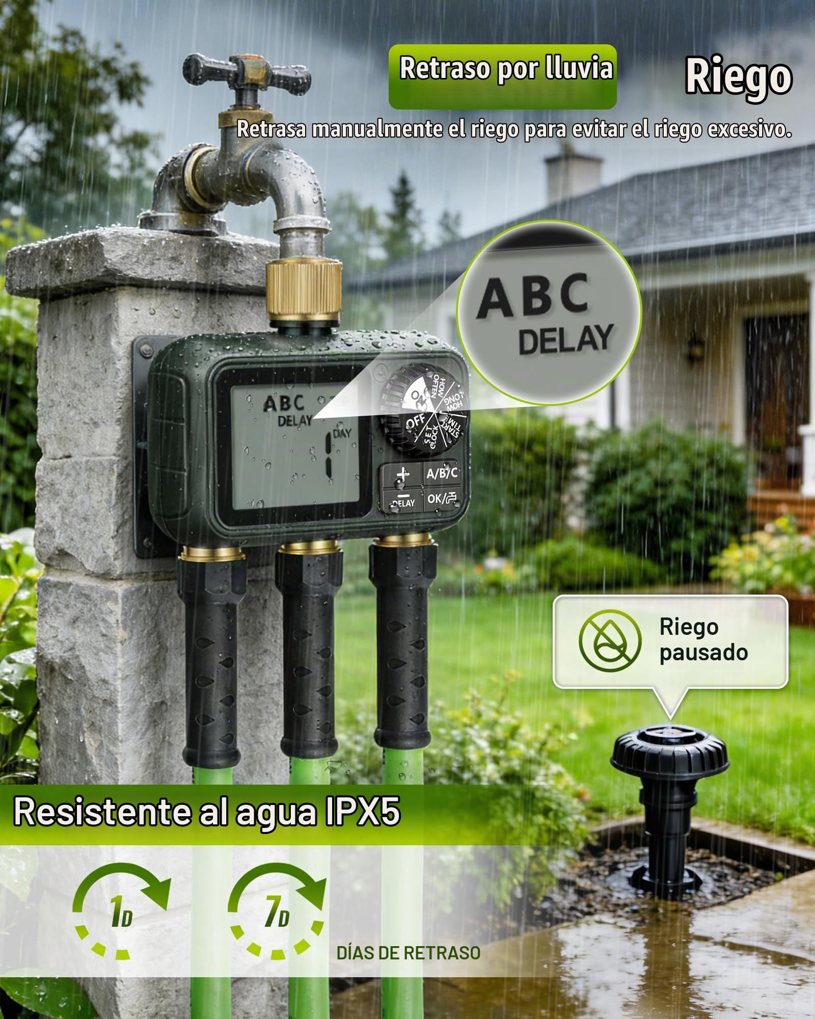Programador de Riego de 3 Válvulas, Ordenador de Riego Automático, Temporizador para Grifo de Manguera de Jardín, Función de Retraso por Lluvia, Patio y Césped, Verde Oscuro