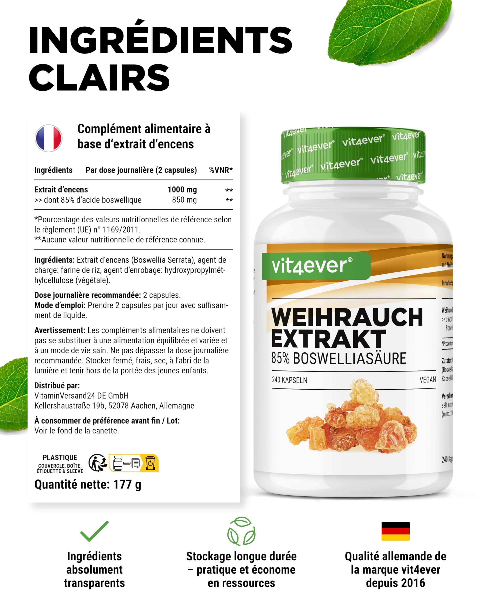vit4ever Extrait d’Encens - 240 capsules Véganes - 1000 mg par Portion Quotidienne - Avec 85% d’Acides Boswelliques issus de Véritable Boswellia serrata Indien - Hautement Dosé & Qualité Premium
