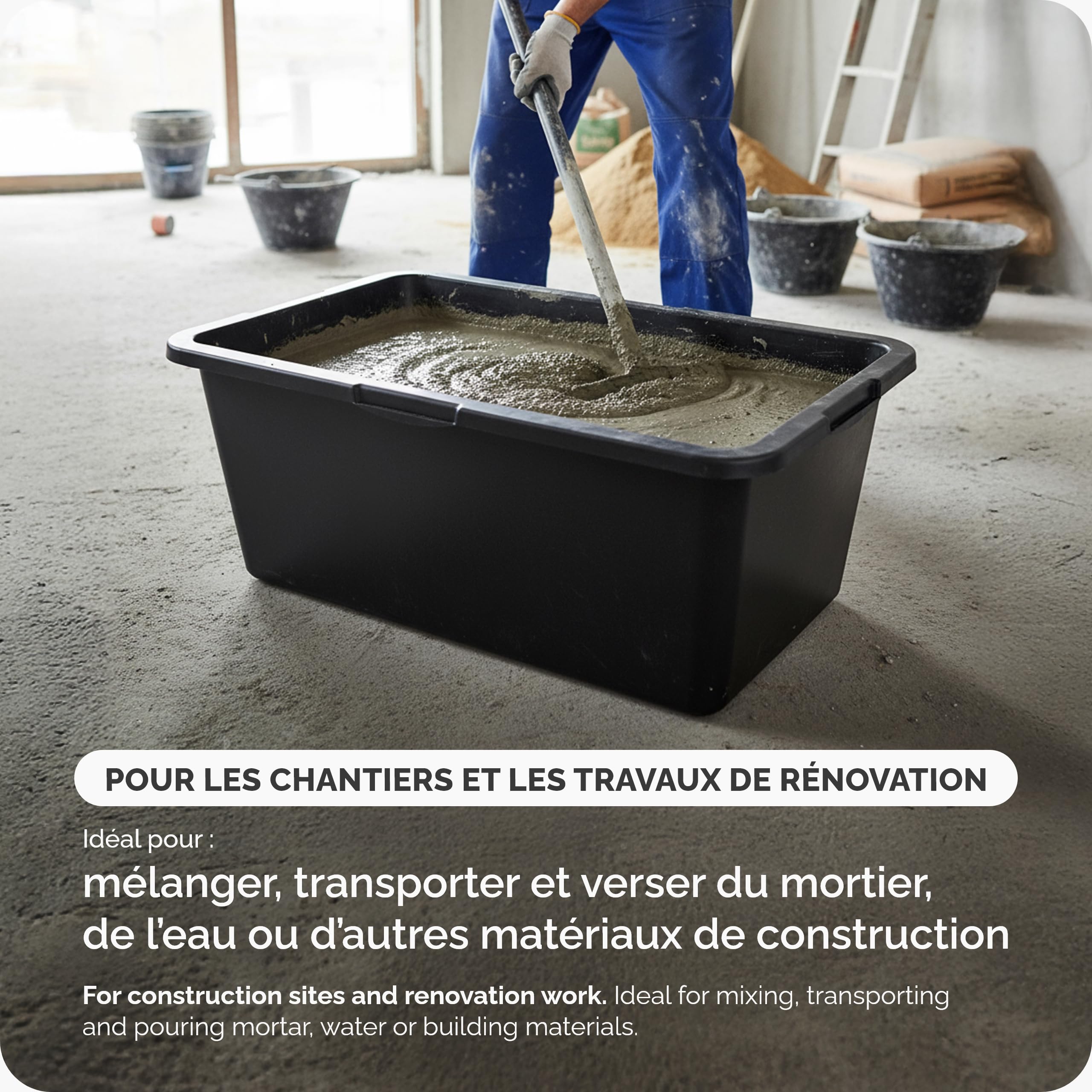 Garronda Bac à mortier rectangulaire en plastique recyclé Noir 80 L Lot de 1, fond renforcé, échelle graduée, bac plastique rectangulaire empilable pour chantier, auge de maçon GD-0169