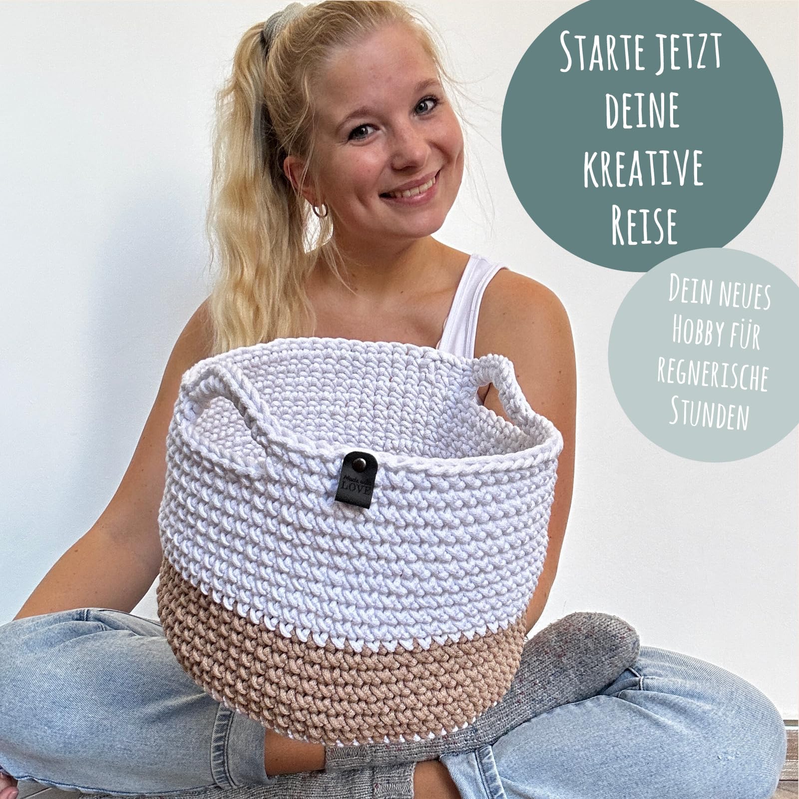 HÄKEL LIESE Set all'uncinetto per principianti – grande cestello, set all'uncinetto per principianti, cestino decorativo, filo di cotone per uncinetto, set di cestini all'uncinetto, set fai da te per