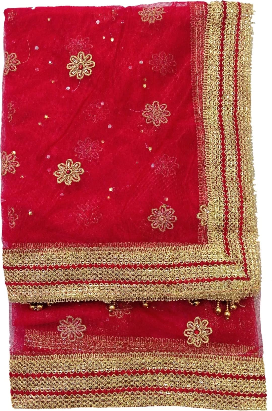 navti creations Wedding Bridal Women's Red Net Dupatta With Flower Zari Embroidery and Golden Border (Full zari Work, 2.25m)-picture-16