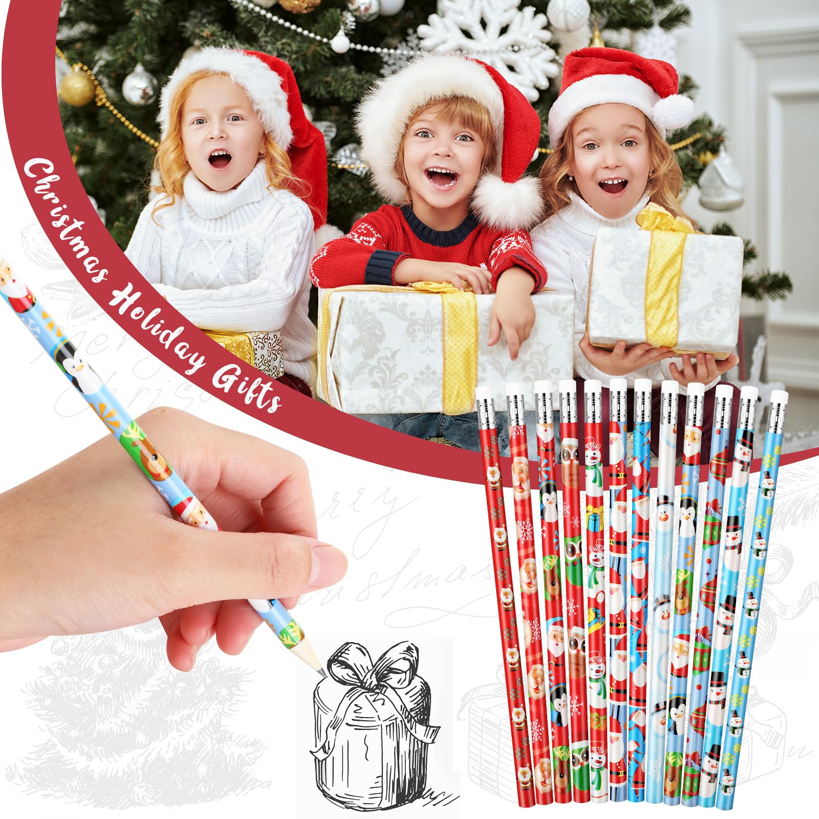 Tenare 60 Pcs Christmas Pencil with Eraser 12 Style Snowman Stocking Santa Claus Christmas Tree Reindeer Pencils Xmas Gift for Kid Student Xmas Stocking Fillers Stationery Party Favors (Vivid) - Image 3
