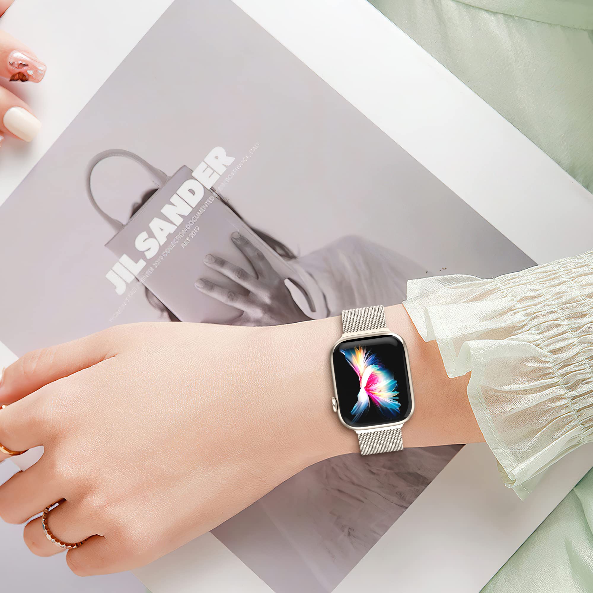 Higgs Métal Bracelet Compatible avec Bracelets Apple Watch 38mm 40mm 41mm 42mm 44mm 45mm 46mm 49mm Femme,Bracelet Double Magnétique pour iWatch Series 11 10 9 8 7 6 5 4 3 2 1 SE Ultra, Metal Milanais