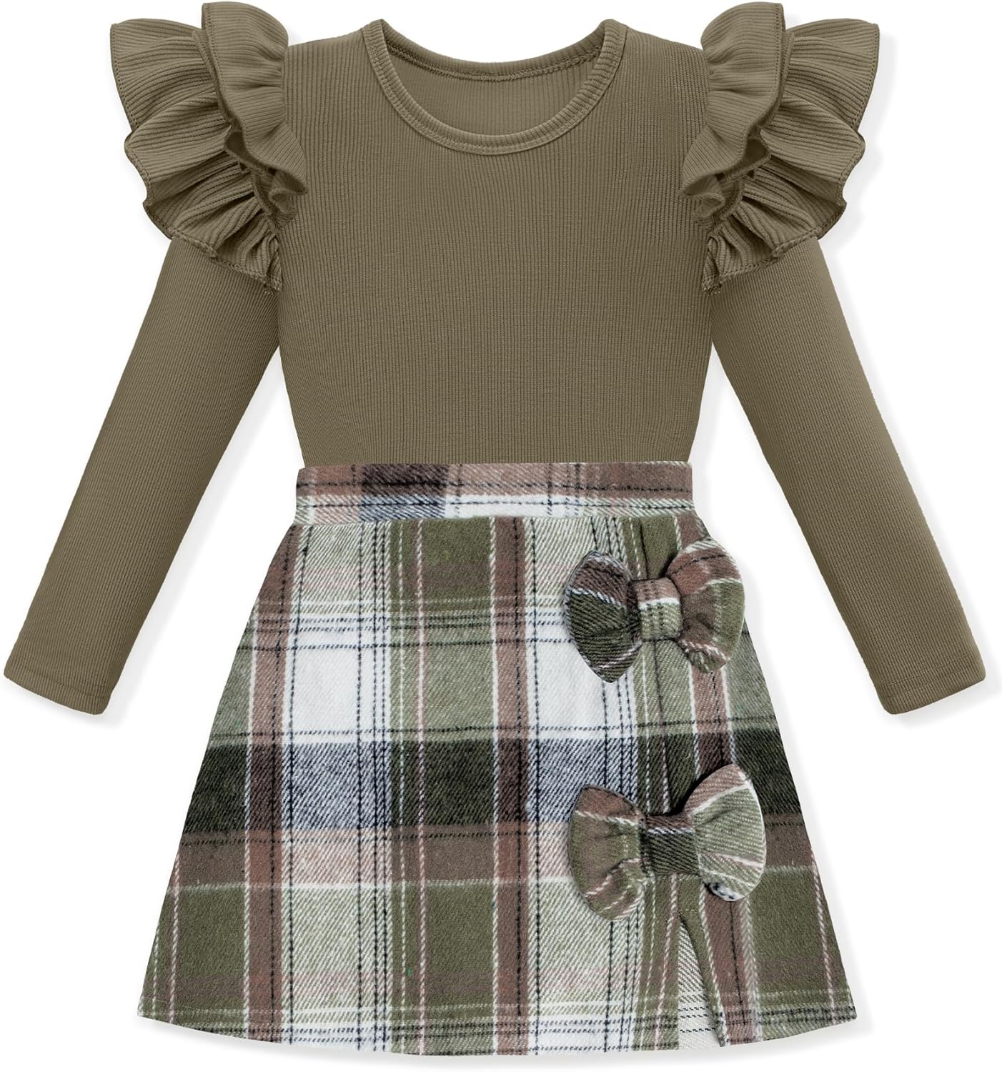 KISSB Girls Clothes Long Sleeve Ruffle Sleeve Top and Plaid Skirt Set Fall Winter Girls Outfits 5-12Y
