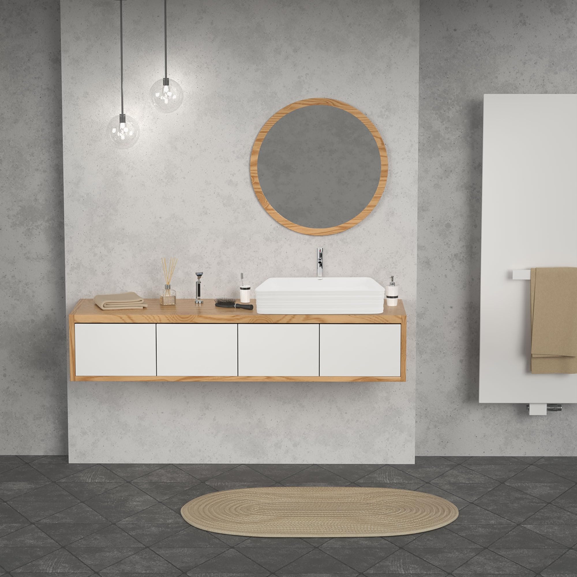 ML-Design Lavabo de Cerámica Blanco Brillante 68 x 38 x 12 cm Fregadero Rectangular de Pared o Sobre Encimera Pila de Diseño Moderno Lavamanos para Mueble de Baño Aseo con Agujero para Grifo y Desagüe