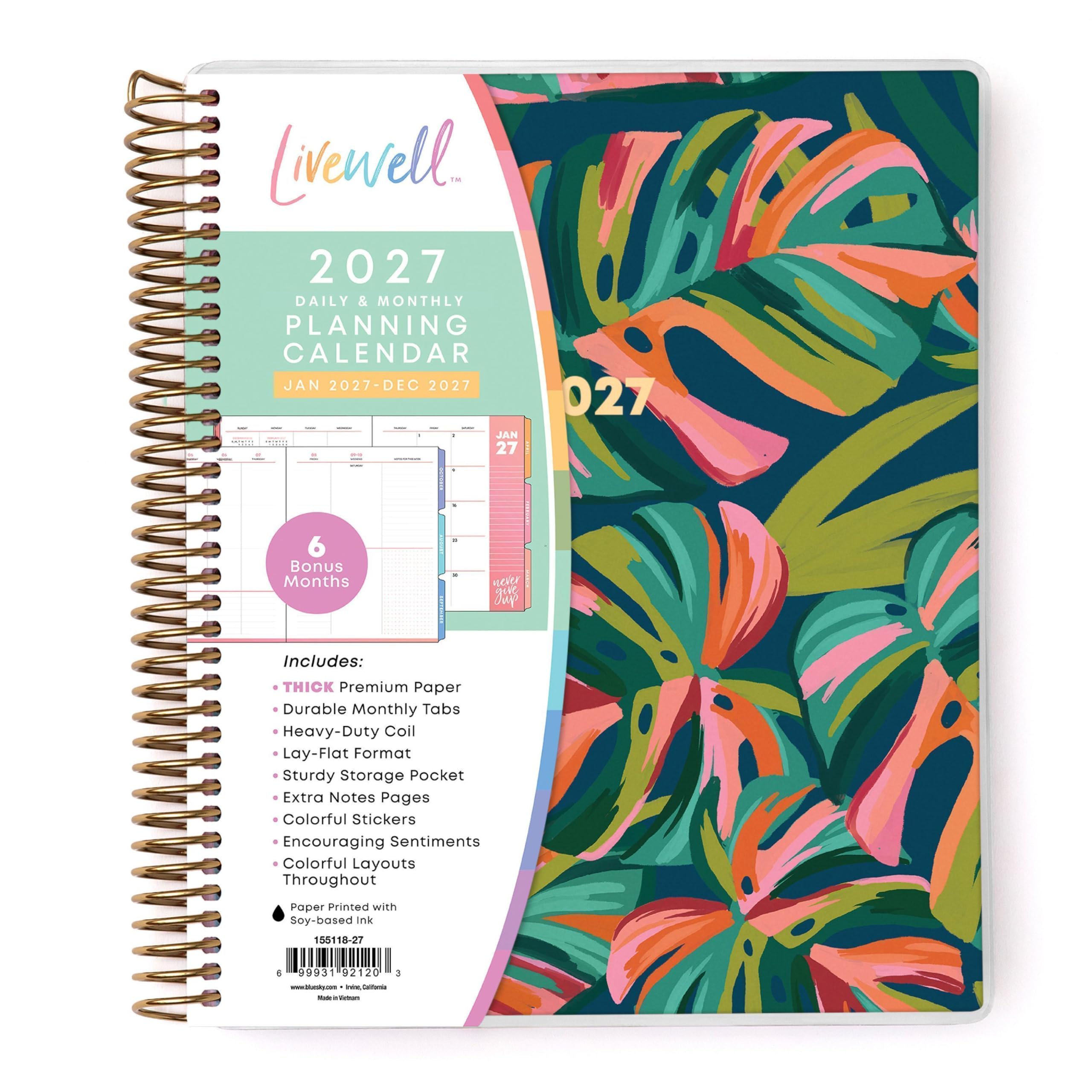 Blue Sky Livewell - Calendario diario y mensual 2027, enero de 2027 a diciembre de 2027, 7 x 9 pulgadas, cubierta flexible, encuadernación duradera de doble alambre, páginas coloridas, bolsillo de