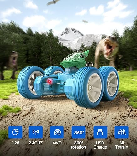 Miniatura 5 de Mini auto de control remoto, dinosaurio a control remoto, juguete de camión para niños pequeños a escala 128 con luz, 4WD, 2.4 Ghz recargable, todos