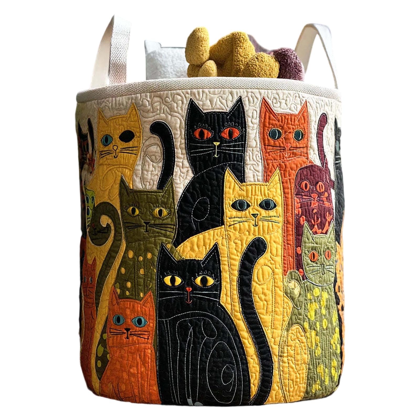 Cute Cat Quilted Laundry Basket with Handles (A)
