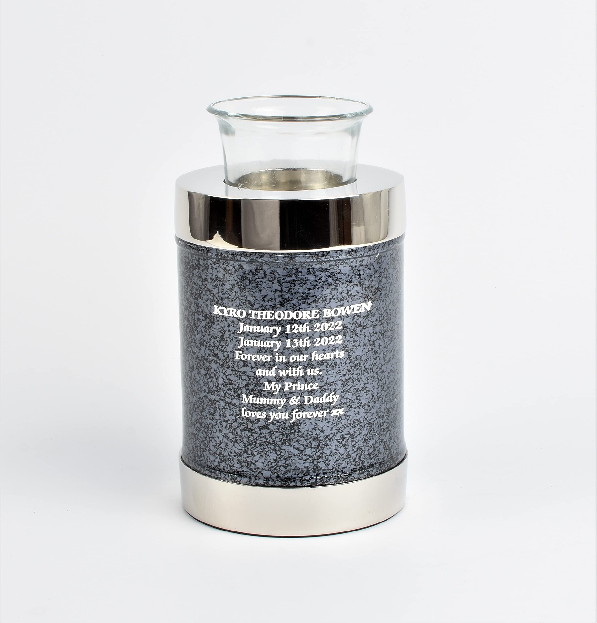 UrnsWithLove Elegant Aluminium Tealight Candle Urn Memorial Funeral Ashes Holder Child Pet Human Handcrafted Tribute (Grey- Text Engraved)