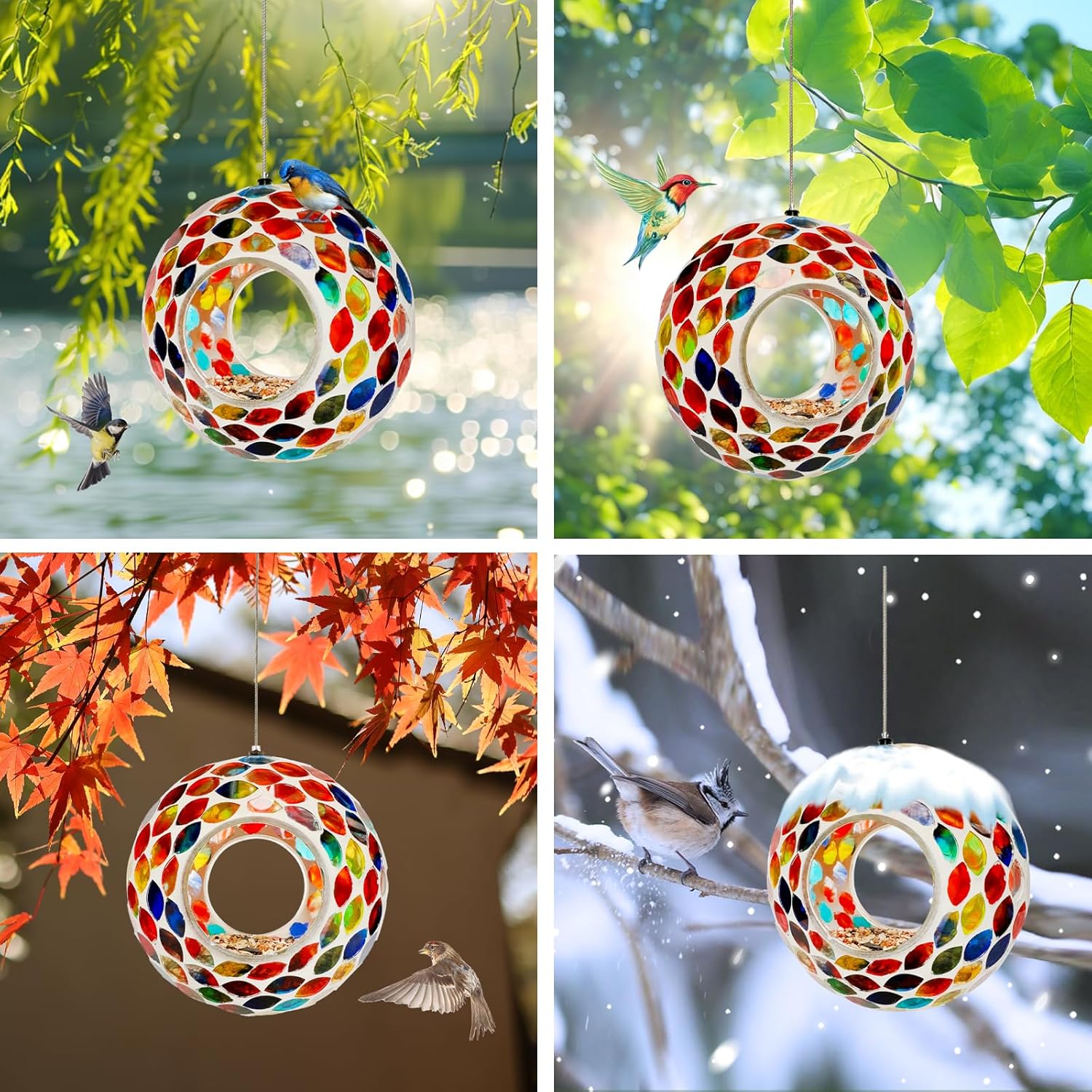 Glass Bird Feeders for Outdoor Hanging, Mosaic Fly Through Wild Bird Feeder Round Shape Birdfeeder for Outside Garden Yard Patio Decoration Red