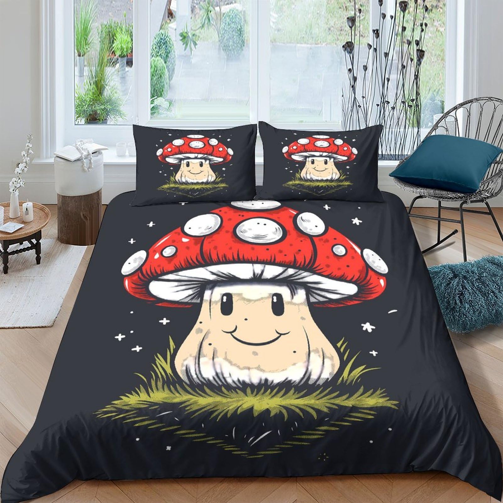 GPLZQXKJNH 3D Printed Cartoon Mushroom Duvet Cover Set Microfiber Soft Breathable Toadstool Bedding Set with 2 Pillowcases for Bedroom Home Decor Single（135x200cm）