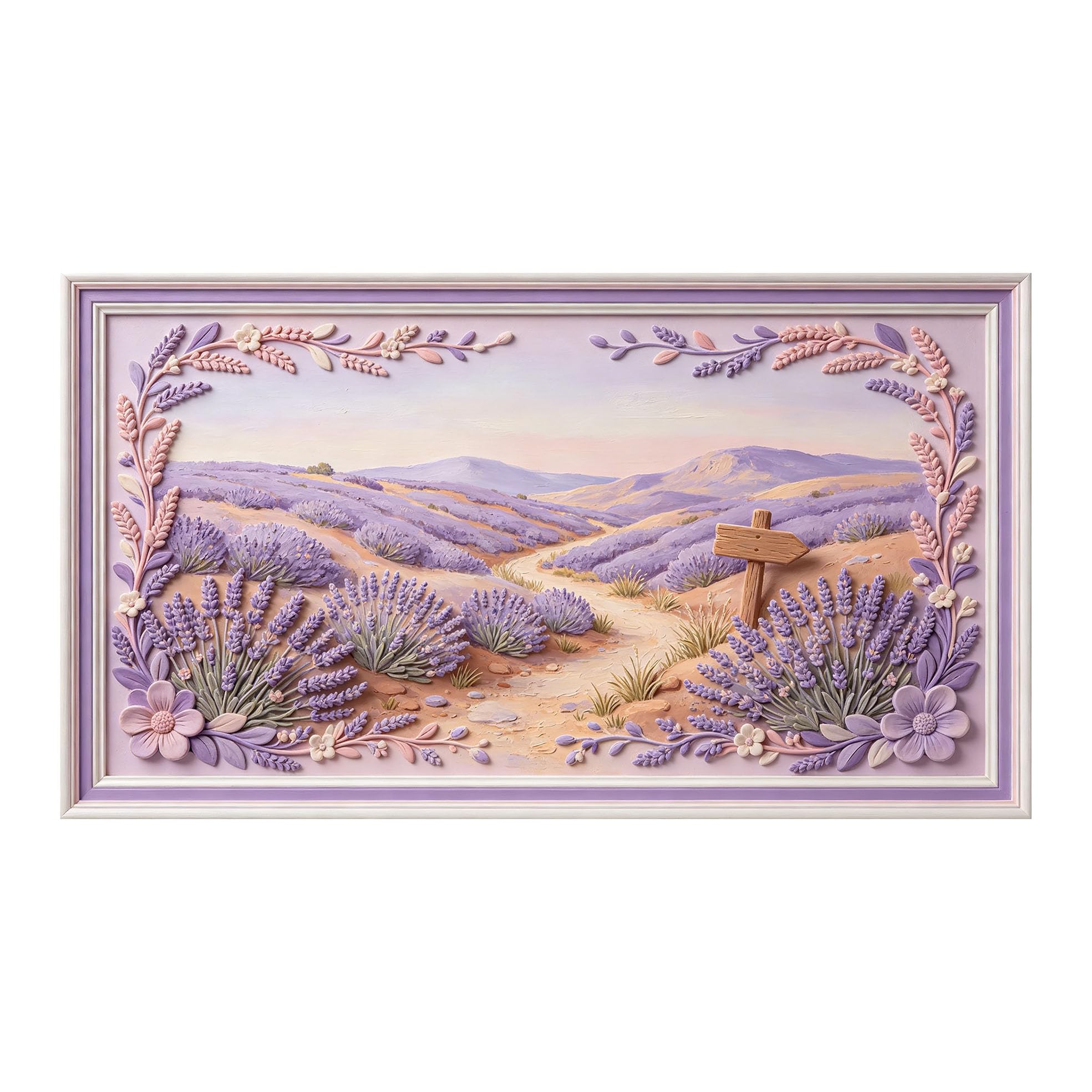 Murasolite 3D Framed Wall Art Lavender Field Landscape Pastoral Oil Painting SelfAdhesive Fabric Mural Wall Decor， Peel and Stick No Damage to Wall， AntiFall Safe Design for Bedroom Living Room