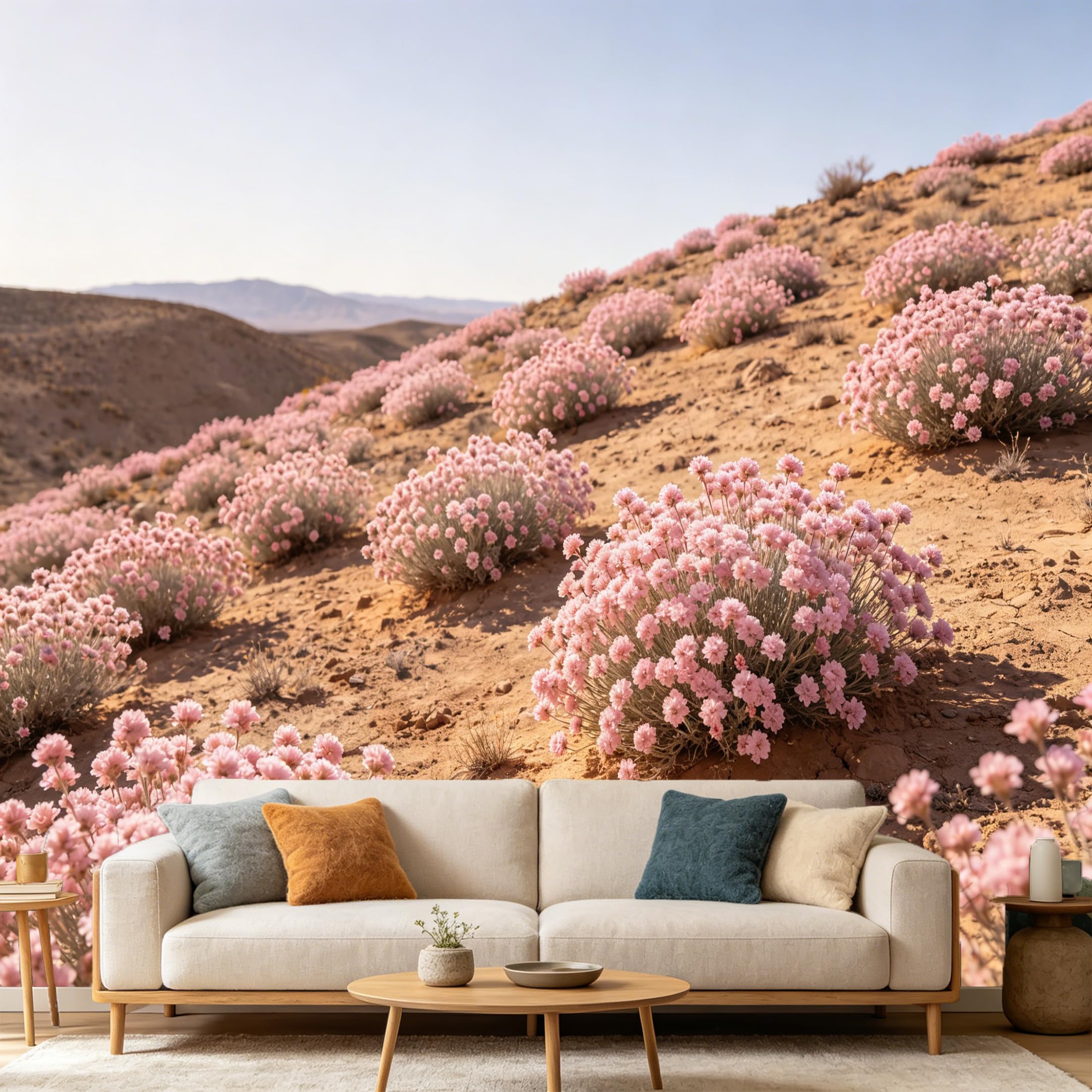 Custom Size Wall Mural Botanical Desert Pink Flowers Landscape SelfAdhesive Art Prints wall Fabric（No PVC） Removable Wallpaper Home Bedroom Decor Nature Scenery Wall Art