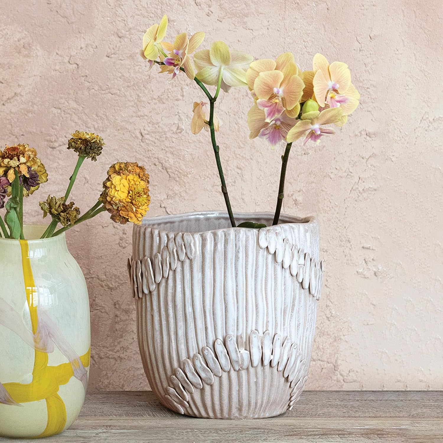 Creative Co-Op Handmade Stoneware Pleated Vase with Pattern, Cream