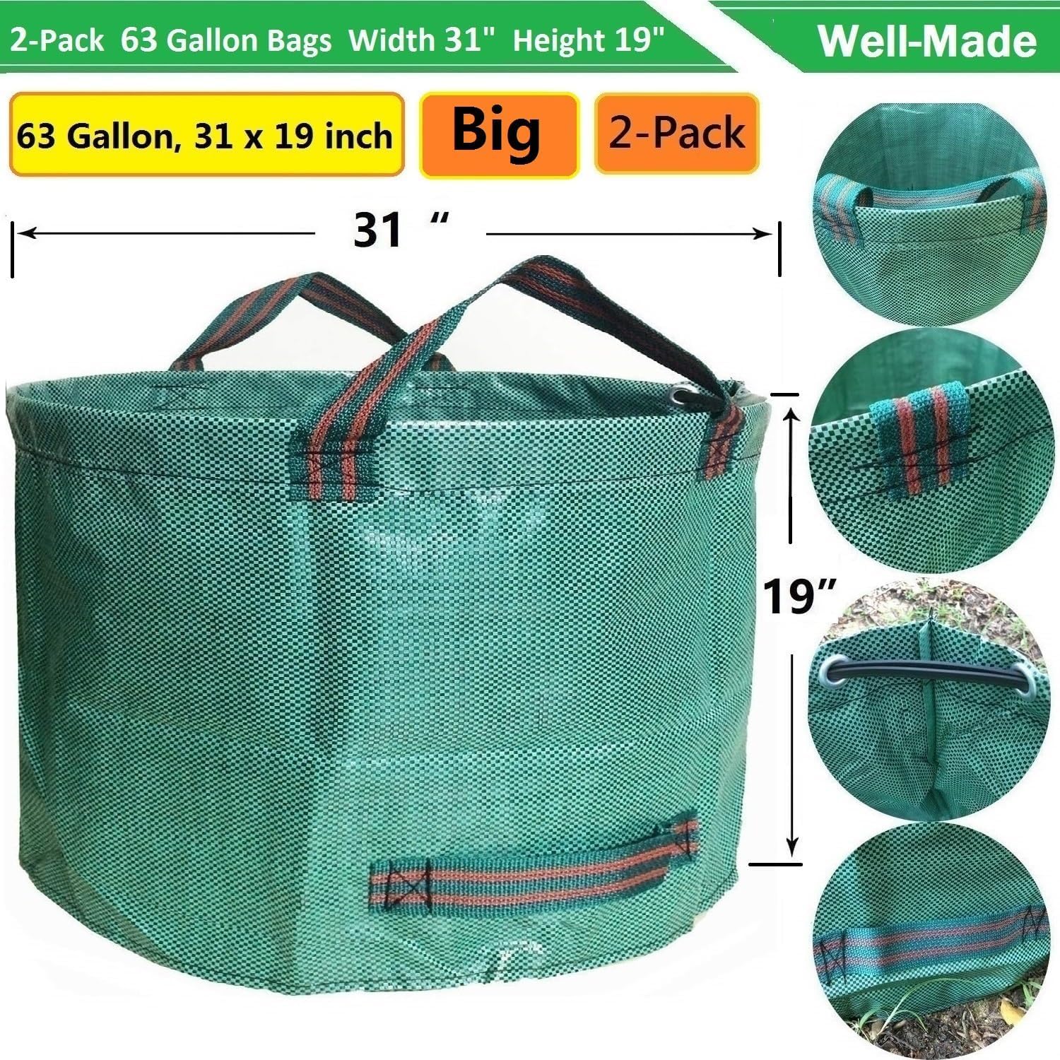 Professionelle 2er-Pack Rasen-Garten-Abfallbeutel (D31, H 48 cm) mit Gartenhandschuhen, stehend, wiederverwendbar, Laubgrasbeutel, Gartenabfallbehälter, Rasen-Hof, Abfallbeutel mit 4 Griffen