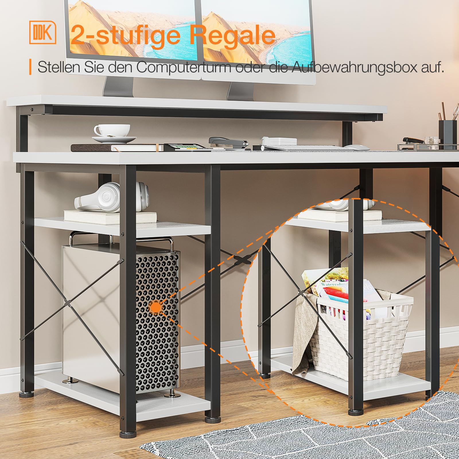 ODK Scrivania con Ripiano, Scrivania ad L con Supporto Lungo per Monitor, Bianco 155×140cm