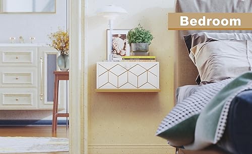 Miniatura 8 de HLR Mesita de noche flotante, mesita de noche pequeña con puerta de solapa, mesita de noche montada en la pared para dormitorios, color blanco