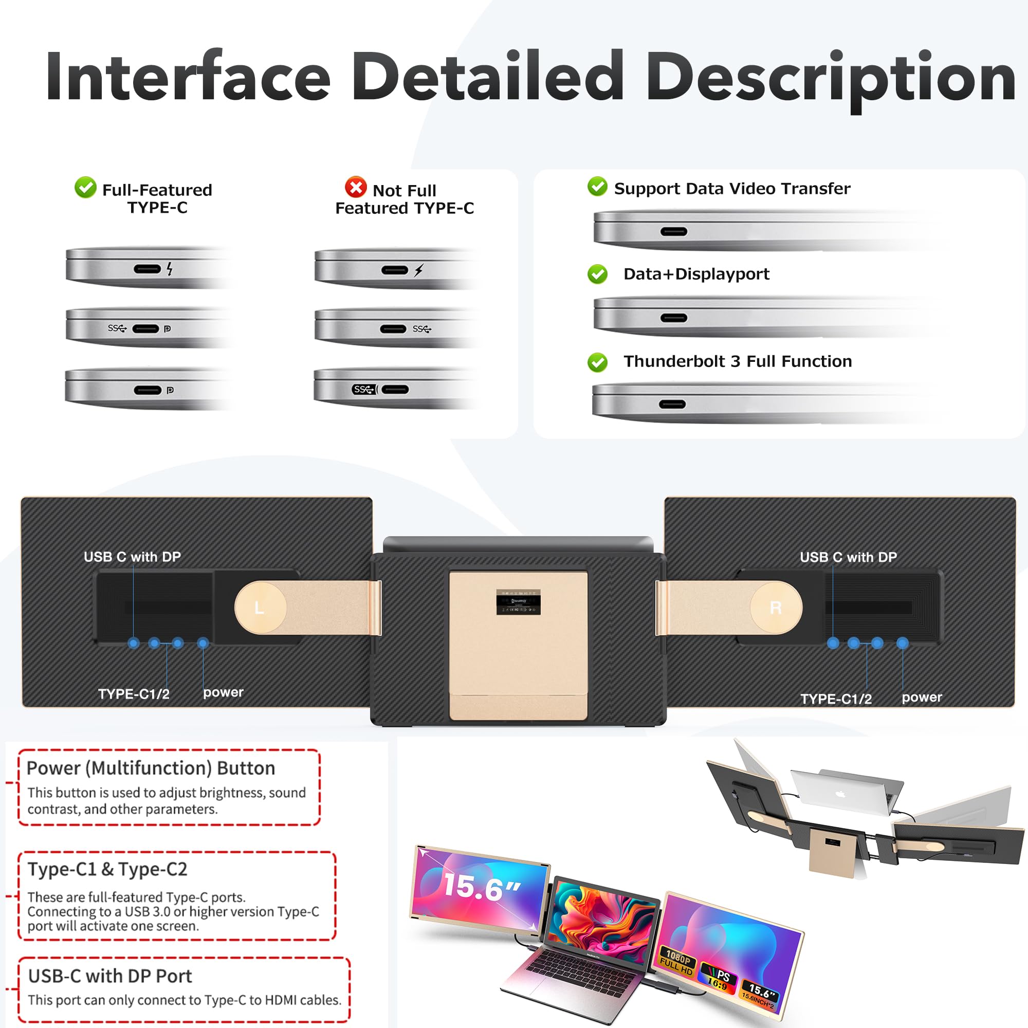 Kwumsy Monitor Portatile Per Laptop-15.6'' Schermo Portatile Per Laptop Adatto A Tutte Le Dimensioni Di Laptop, Triplo Monitor Con Ruotabile 90°-235°&Plug And Play Per Wins/Mac/PC(Tipo-C/HDMI/H5-T)