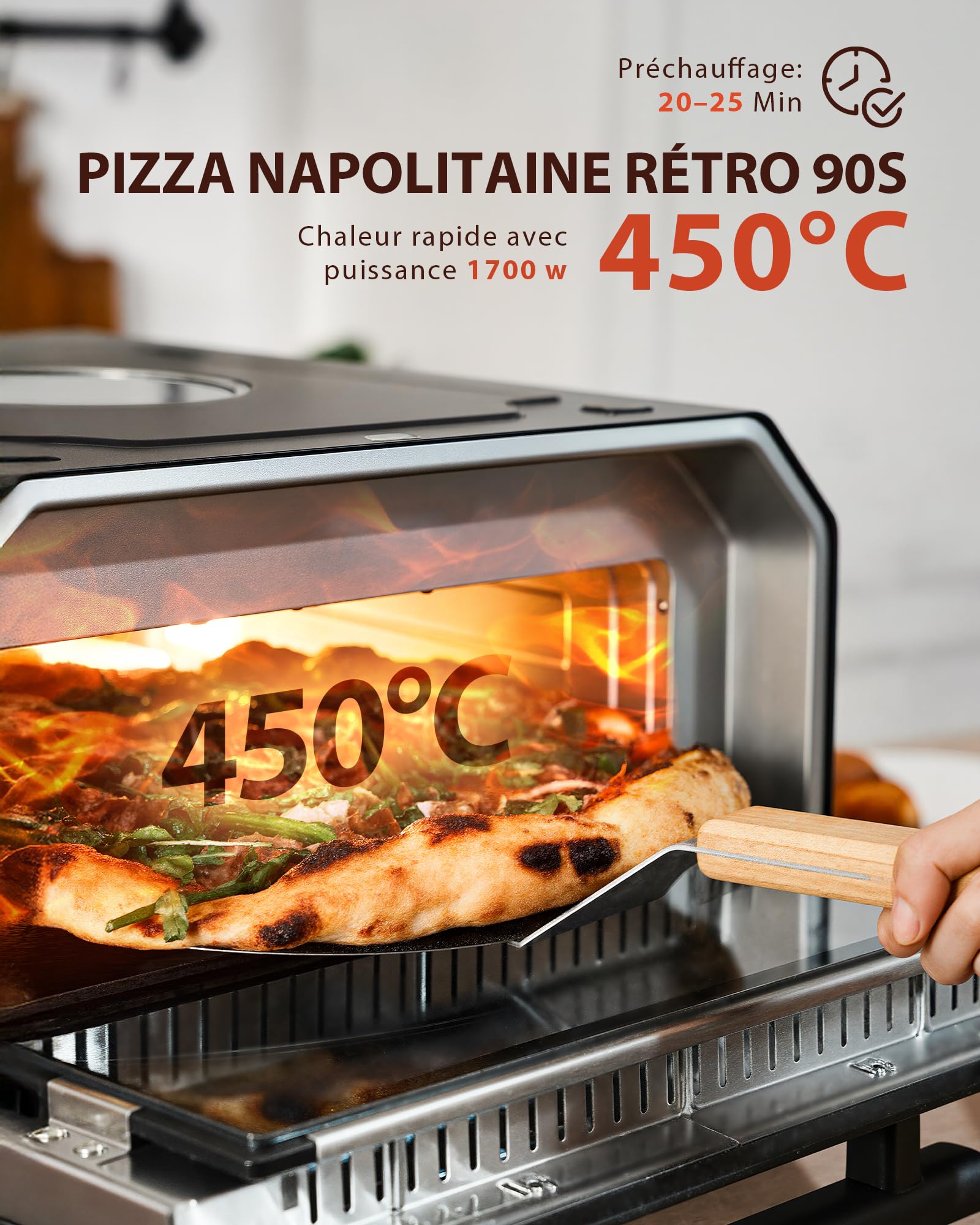 Electric Pizza Oven 842°F, Neapolitan Pizza in 90s, Double Window and Interior Lighting, 6 Pizza Programs and 6 Cooking Modes, Professional Mode, Stone, Scoop and Plate