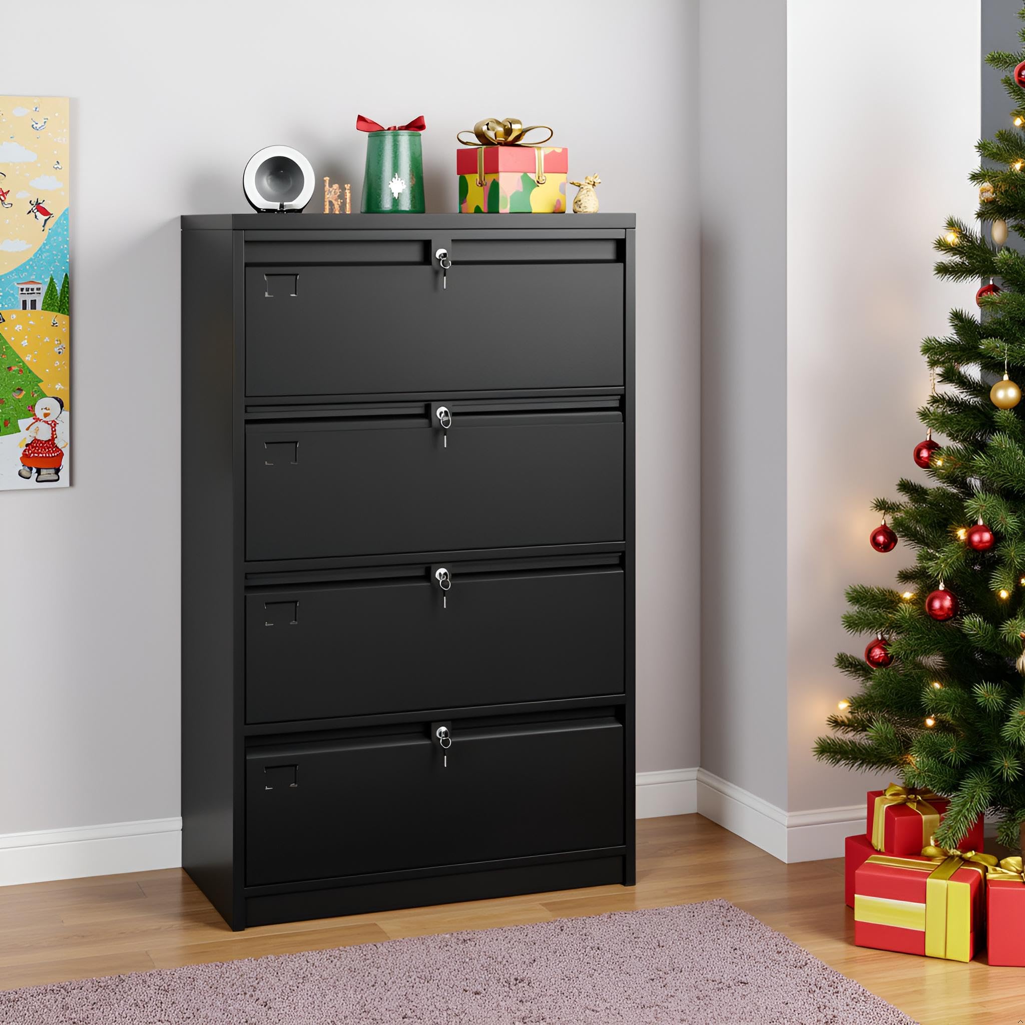 SUXXAN 4 Drawer File Cabinet, Lateral Filing Cabinet with 4 Locks for Home Office, Black File Cabinets with Business Card Holder for Letter/Legal/F4/A4 Hanging Files